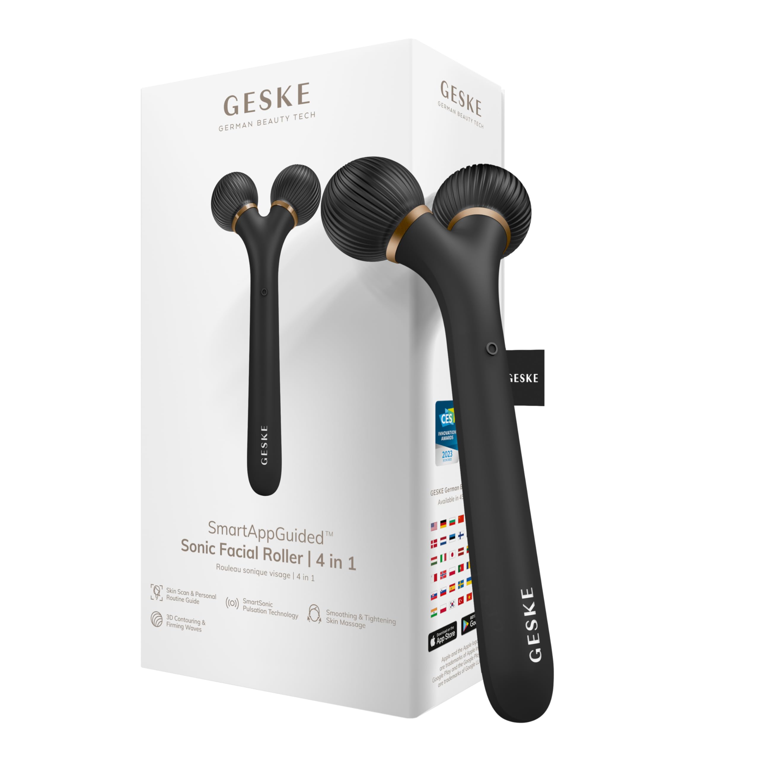 GESKE SmartAppGuided™ Sonic Facial Roller | 4 in 1 | Derma Roller | Facial dermasmooth stimulator | professional facial roller | for skincare and beauty routine