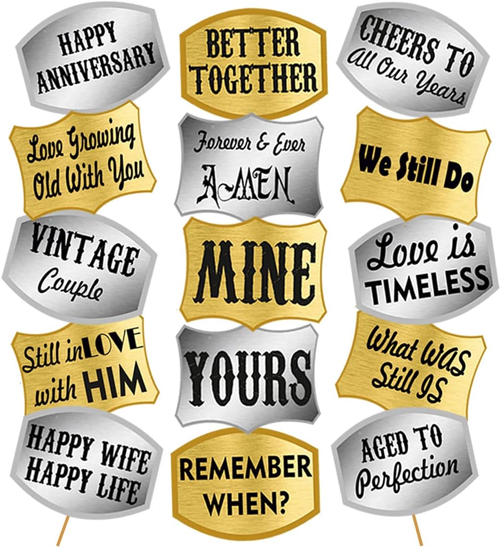 Happy Anniversary Photo Booth Props Set - 19Pcs with Golden & Silver , Happy Anniversary Decoration Kit Items for Husband - Wife in 1st, 25th ,50th by Indian Collectible