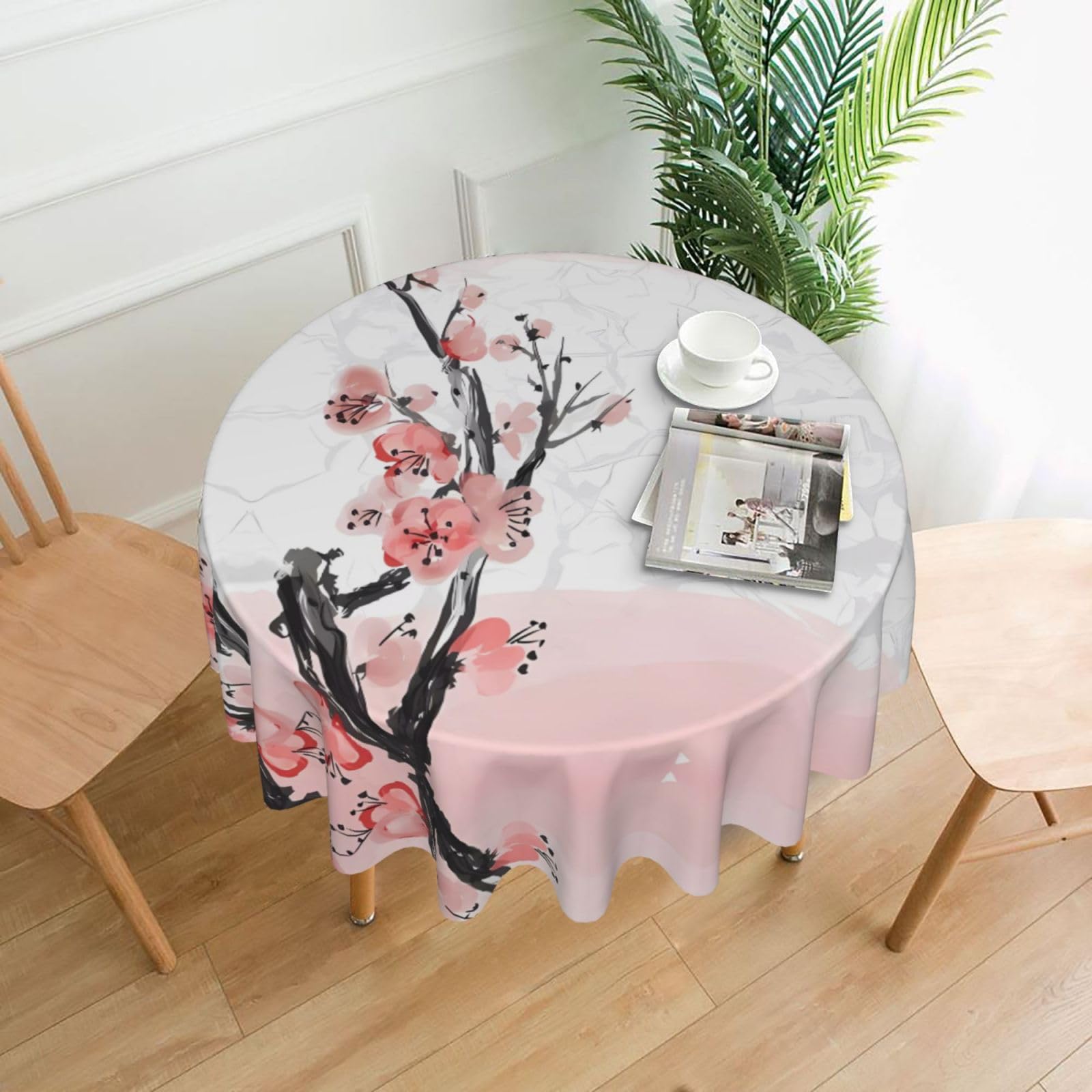 HJFCZH Cherry Blossom Tree Branch Prints Round Decorative Tablecloth 60in - High-Grade Polyester Throw for Dinners, Weddings & Everyday Use
