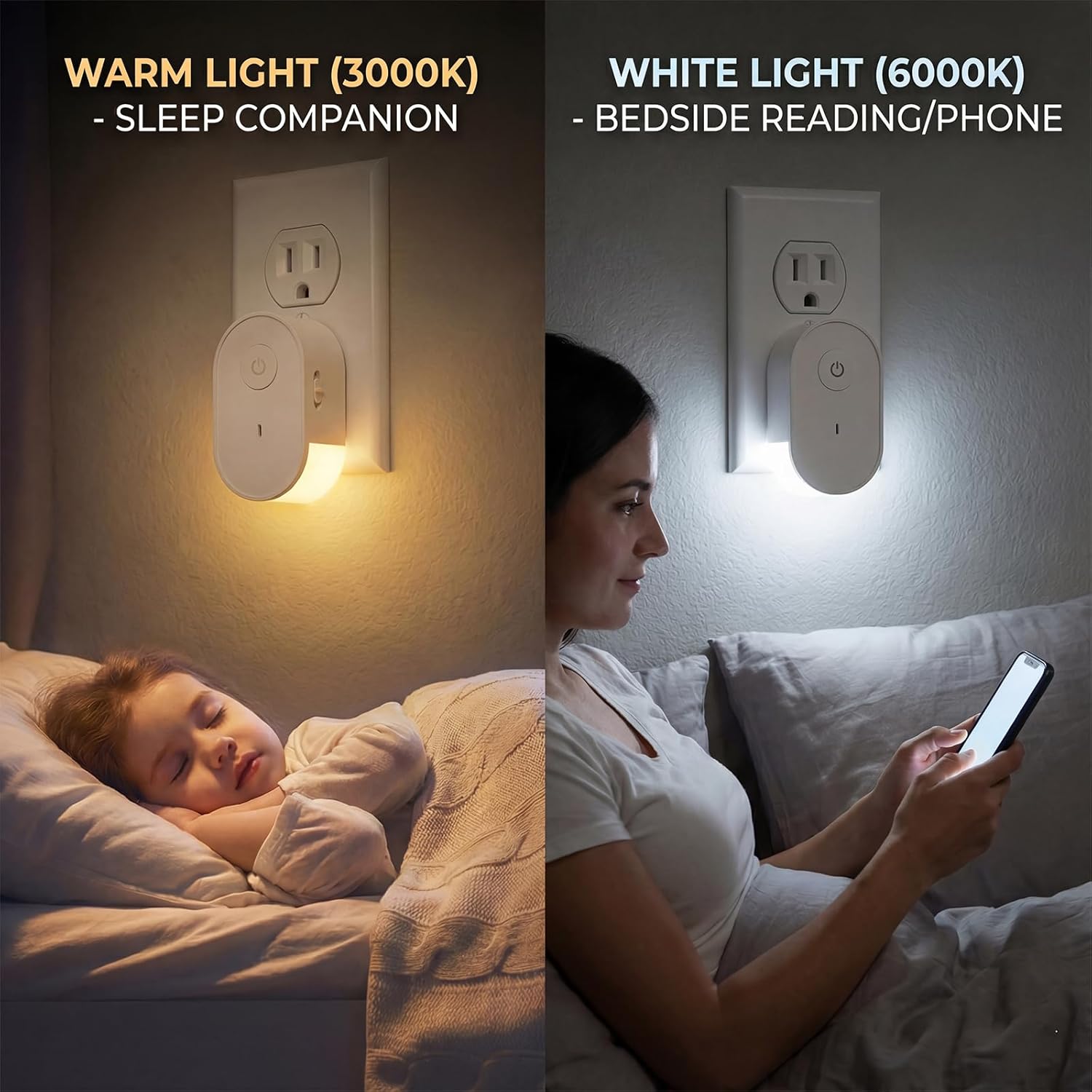 LED Night Lights Plug into Wall Warm White, 3000K/6000K Adjustable, 1W Soft Nightlight for Home Hallway, Bathroom, Bedroom, Stairs, Kitchen, Entryway, Basement, Modern Low Power Wall Lights
