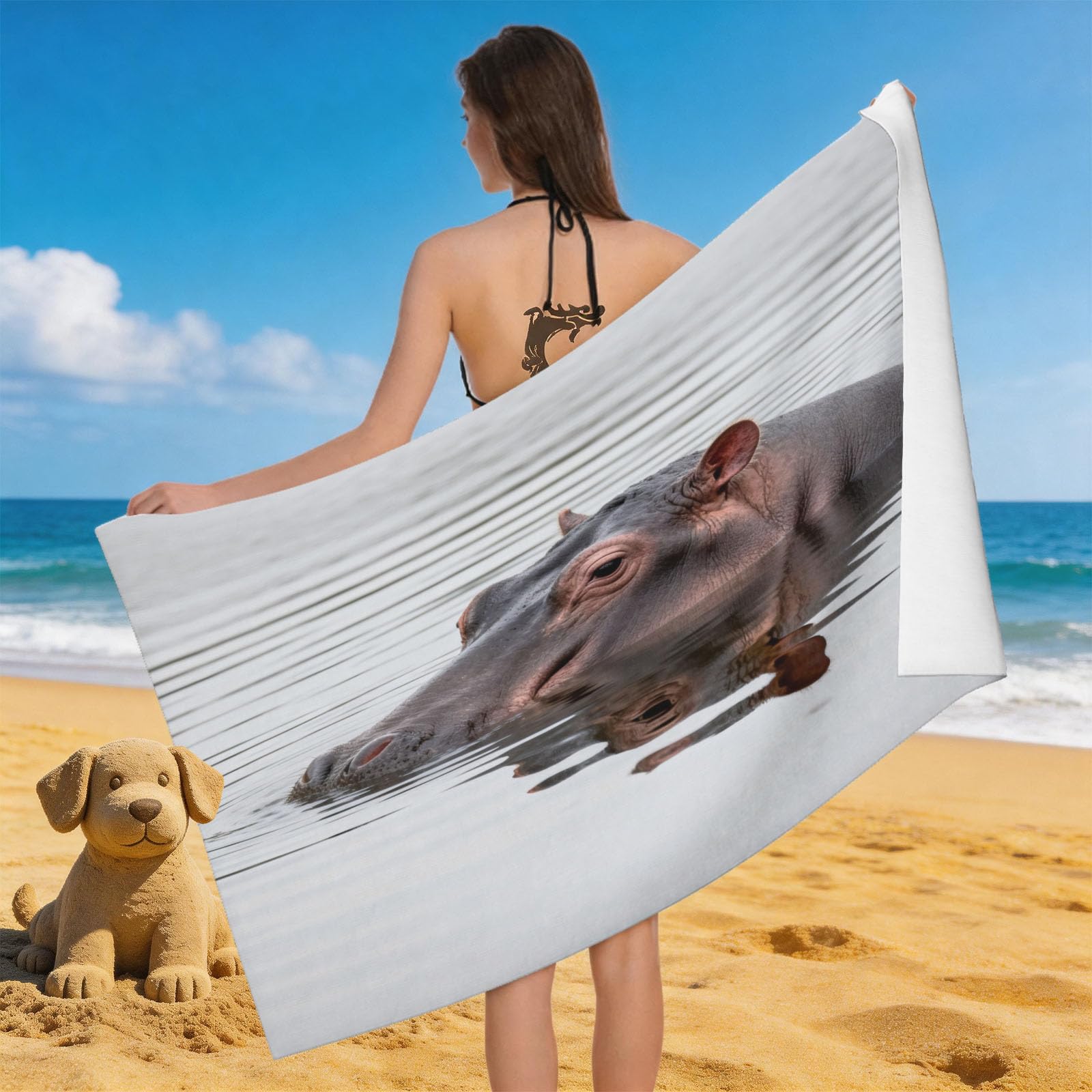 Leichong Men's Grey 3D Hippo Beach Towel Microfiber Soft Quick Dry For Adults, Wild Animal Bath Towel Lightweight Soft Absorbent For Travel Swimming Pool Sports, 75 X 150 Cm