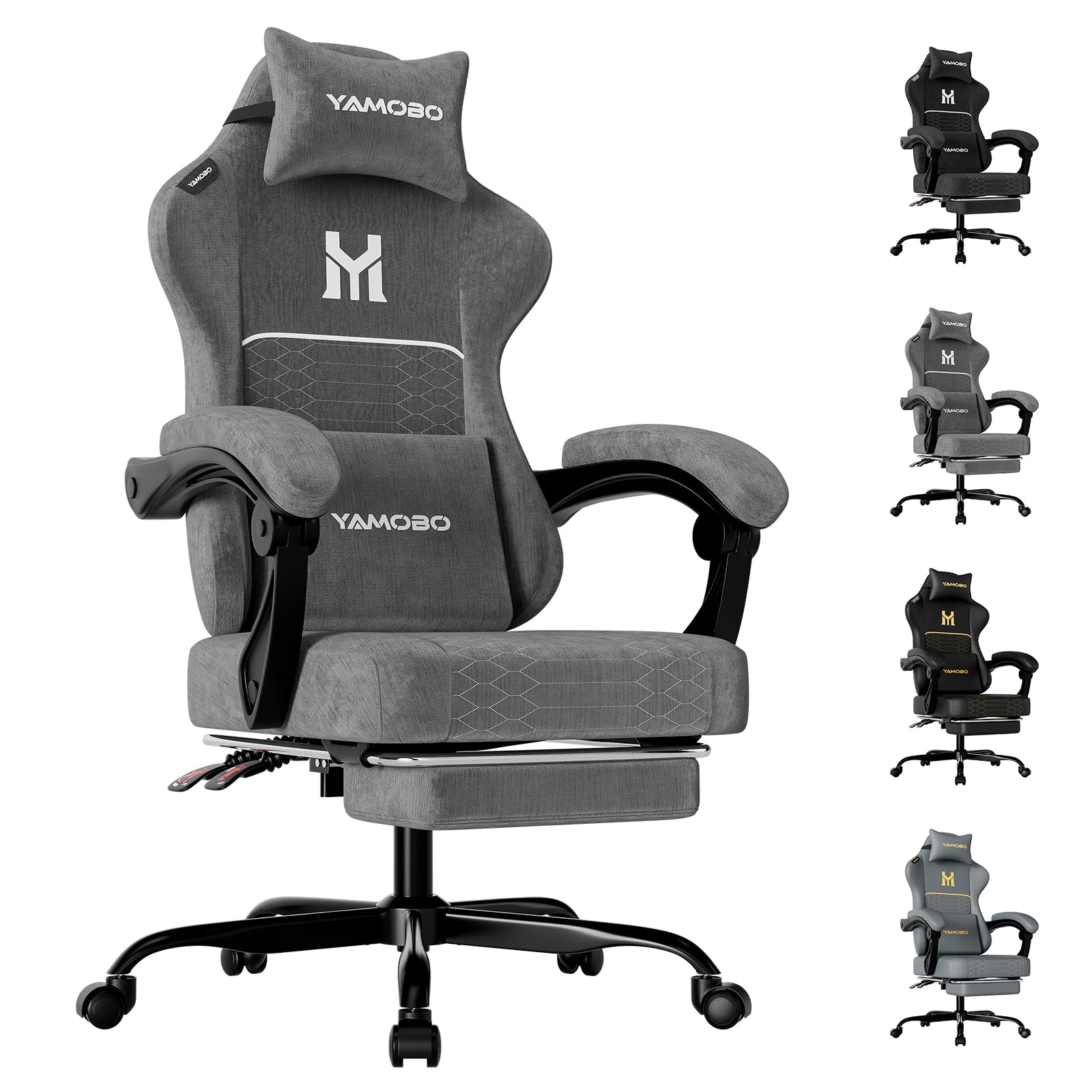 YAMOBO Gaming Stuhl Ergonomisch Gaming Chair für Büro&Computer | Mit Fußstütze Nackenkissen Lendenmassagekissen, Höhenverstellbar, Abriebfeste atmungsaktive, Tragkraft bis 150 kg