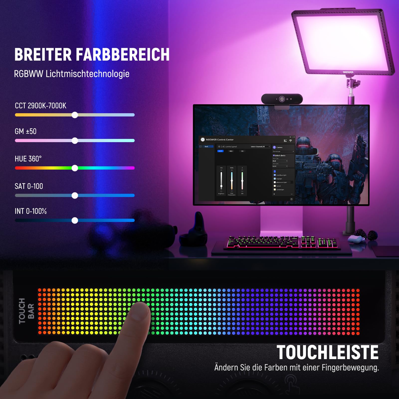NEEWER GL1C RGB 15.5" Key Light, 48W LED Panel Licht, weiches Videoleuchte Streaming Gaming Videokonferenzen mit 2,4 G PC/Mac iOS/Android APP/WiFi/Stream Deck Steuerung, 2900K–7000K, 18 Szenen