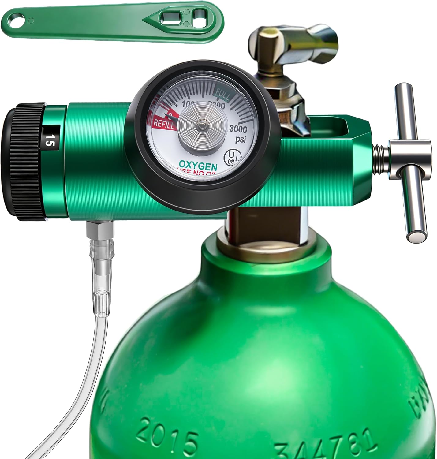 Geiserailie Oxygen Regulator for CGA870 Oxygen Tank with 0-15LPM Adjustable Flow Rate, Portable O2 Tank Regulator, Brass O2 Gauge Wrench Key