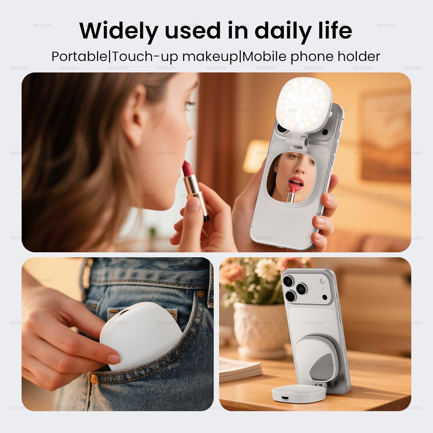 MrCrafts Magnetic Selfie Light for Mobile Phones with Mirror, 3 Modes Portable Light, Rechargeable Light with Magnetic Ring, Suitable for Photography/TikTok/Zoom Calls/Video Conferencing