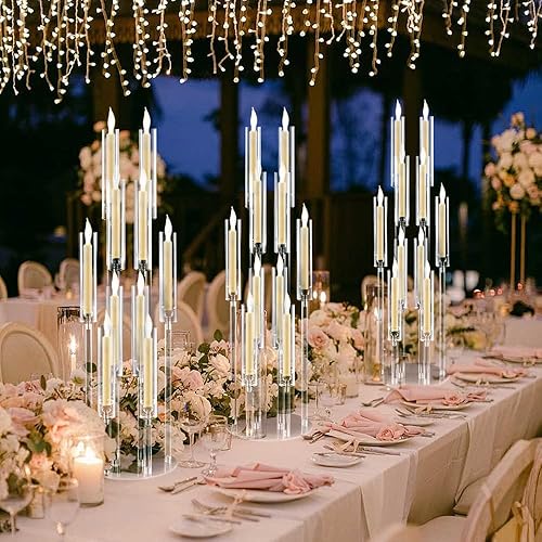 Miniatura 5 de 20 piezas de candelabro acrílico de 10 brazos para centro de mesa de boda, portavelas de piso transparente de 37.7 pulgadas con pantalla acrílica,