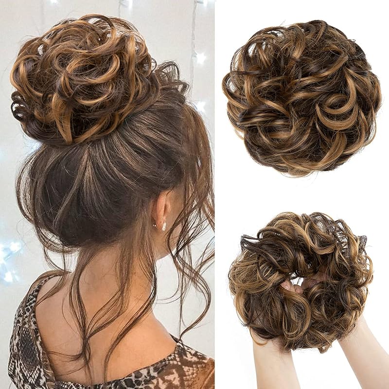 Pieza de pelo de moño grande y desordenado, coleteros ondulados y rizados, extensiones de cabello de cola de caballo con moño sintético, postizos gruesos Updo para mujeres, marrón oscuro/rubio dorado