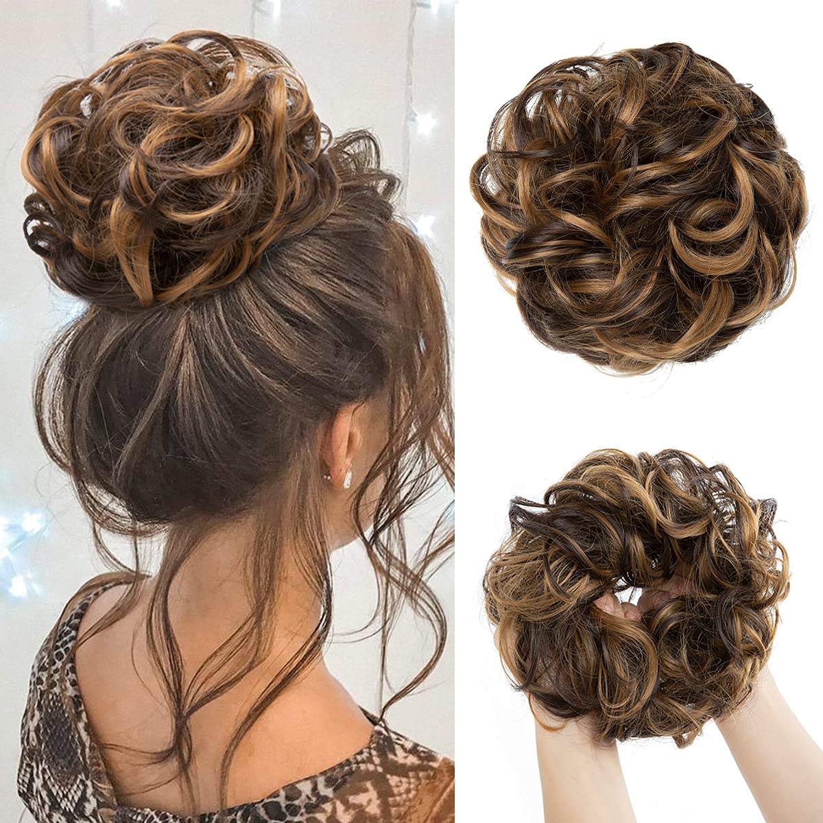 CJL HAIR Large Messy Bun Hair Piece Wavy Curly Scrunchies Synthetic Chignon Ponytail Hair Extensions Thick Updo Hairpieces for Women Dark Brown/Golden Blonde