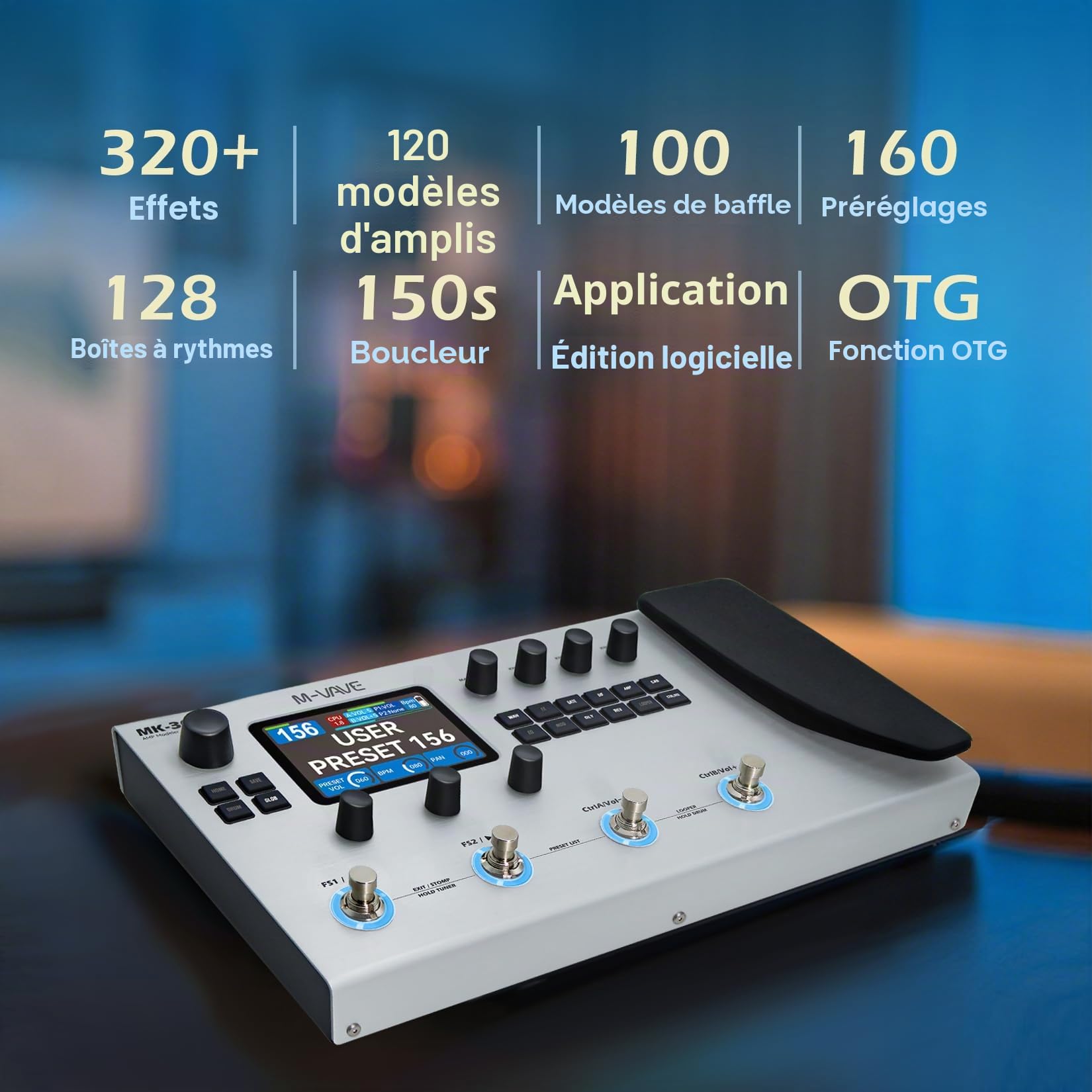 M-VAVE MK-300 AMP Modeler et processeur d'effets pour guitare basse avec plus de 320 effets, 160 préréglages, boucleur, machine à tambour, batterie USB/BT 10H pour live/enregistrement