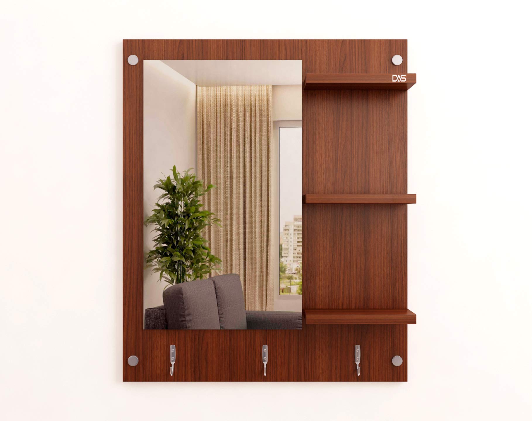 DAS Wool & Wool Blend Wall Mount Makeup Vanity Dressing Mirror/Glass/Table and Multipurpose Rack Shelves with Elegant Double Stainless Steel Hooks (Classic Walnut)- Evelyn 2