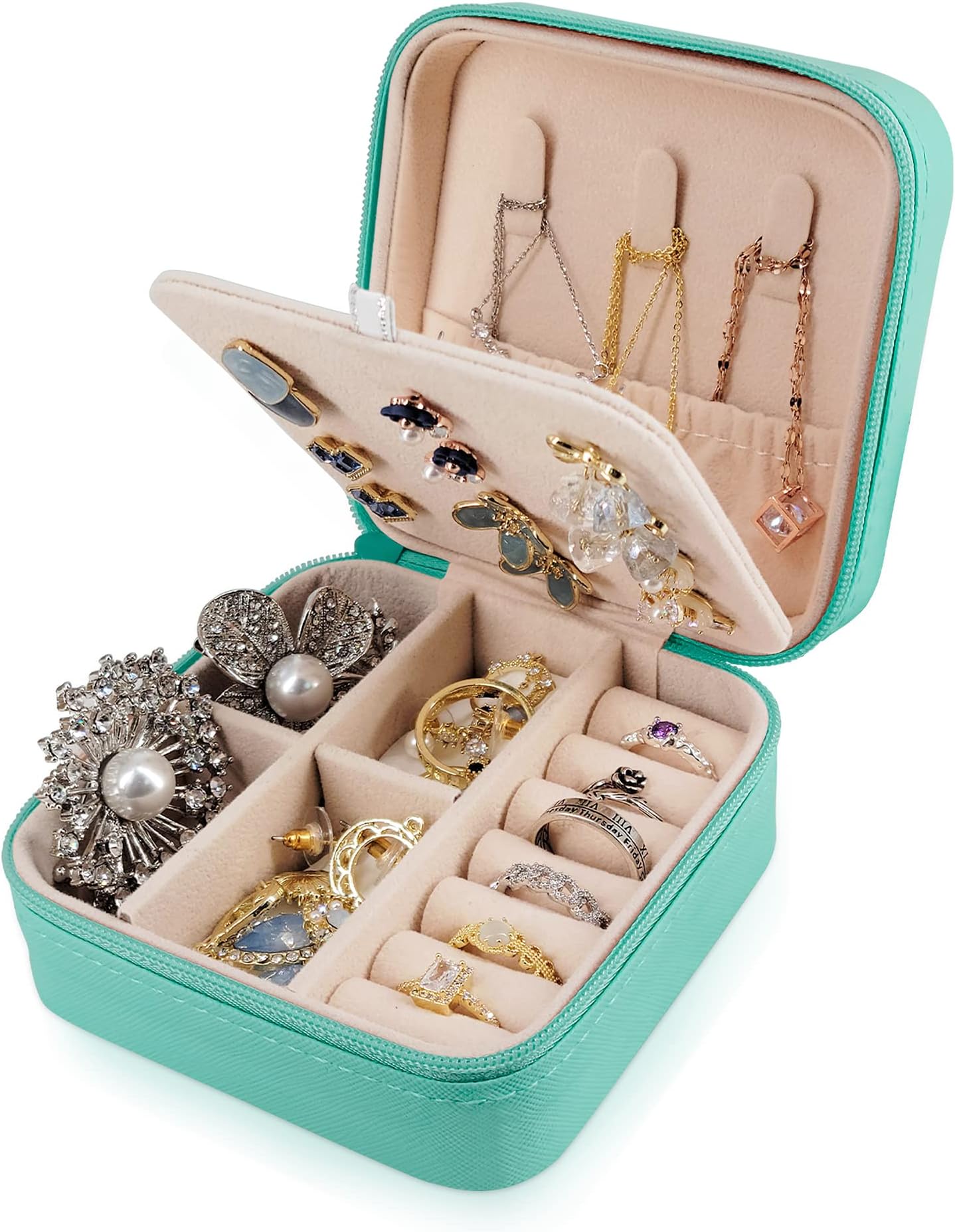 FireKylinTravel Jewelry Case for Women, Small Jewelry Box for Travelling, PU Leather Ring Earring Necklace Bracelet Holder Organizer (Aqua)