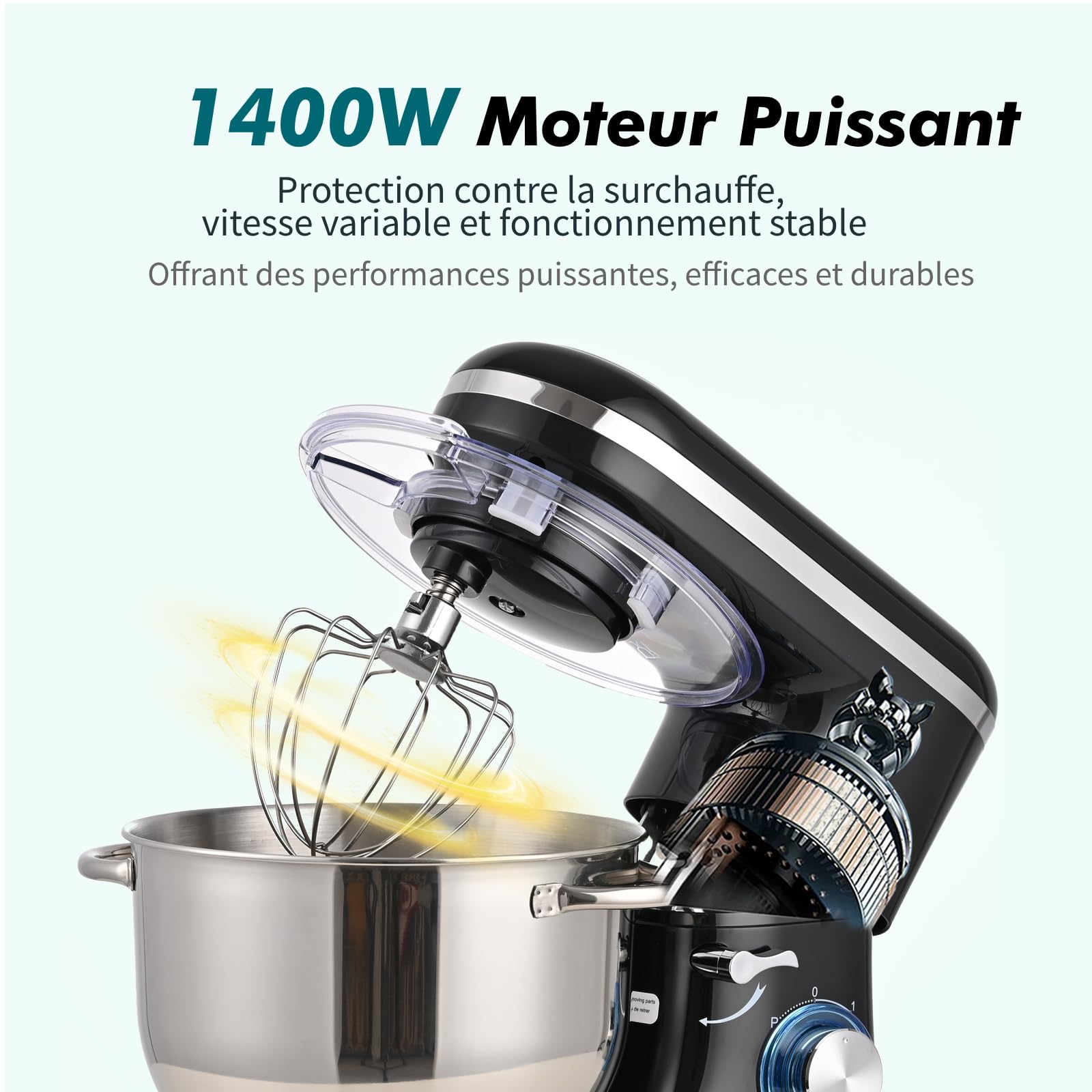 Kitchen in the box Robot Pâtissier 1400W, Bol 6,2L en Acier Inoxydable, 6 Vitesses, Fouet, Crochet et Batteur Inclus, Idéal pour Pâtisserie et Boulangerie (Noir)