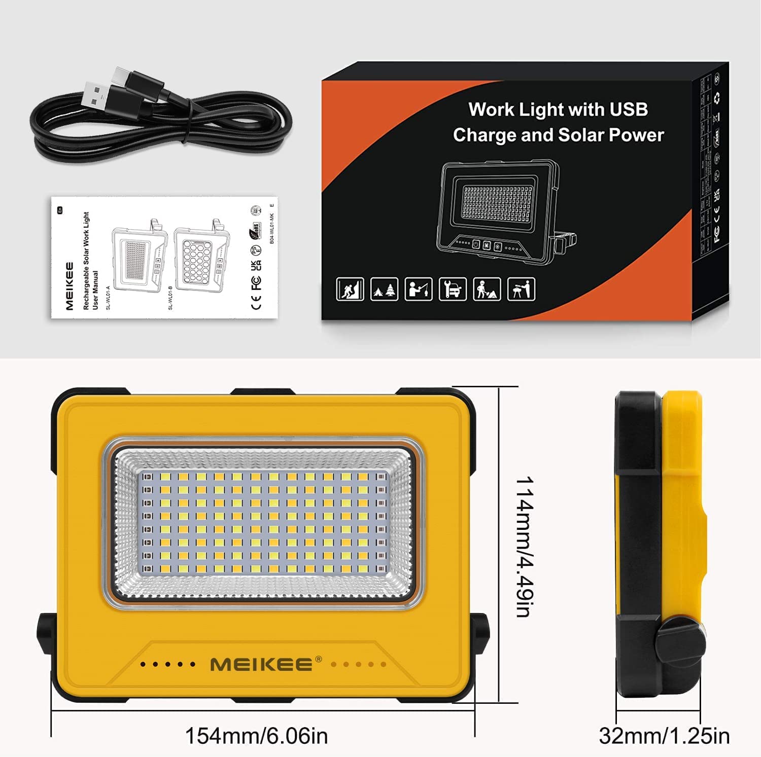 MEIKEE Faro LED Ricaricabile, Lampada da Lavoro Portatile con Cavo USB e Pannello Solare, 16 Modalità, Batteria 10000mAh, Power Bank, con 2 magneti, Luce da Campeggio per Cantiere Emergenza Pesca