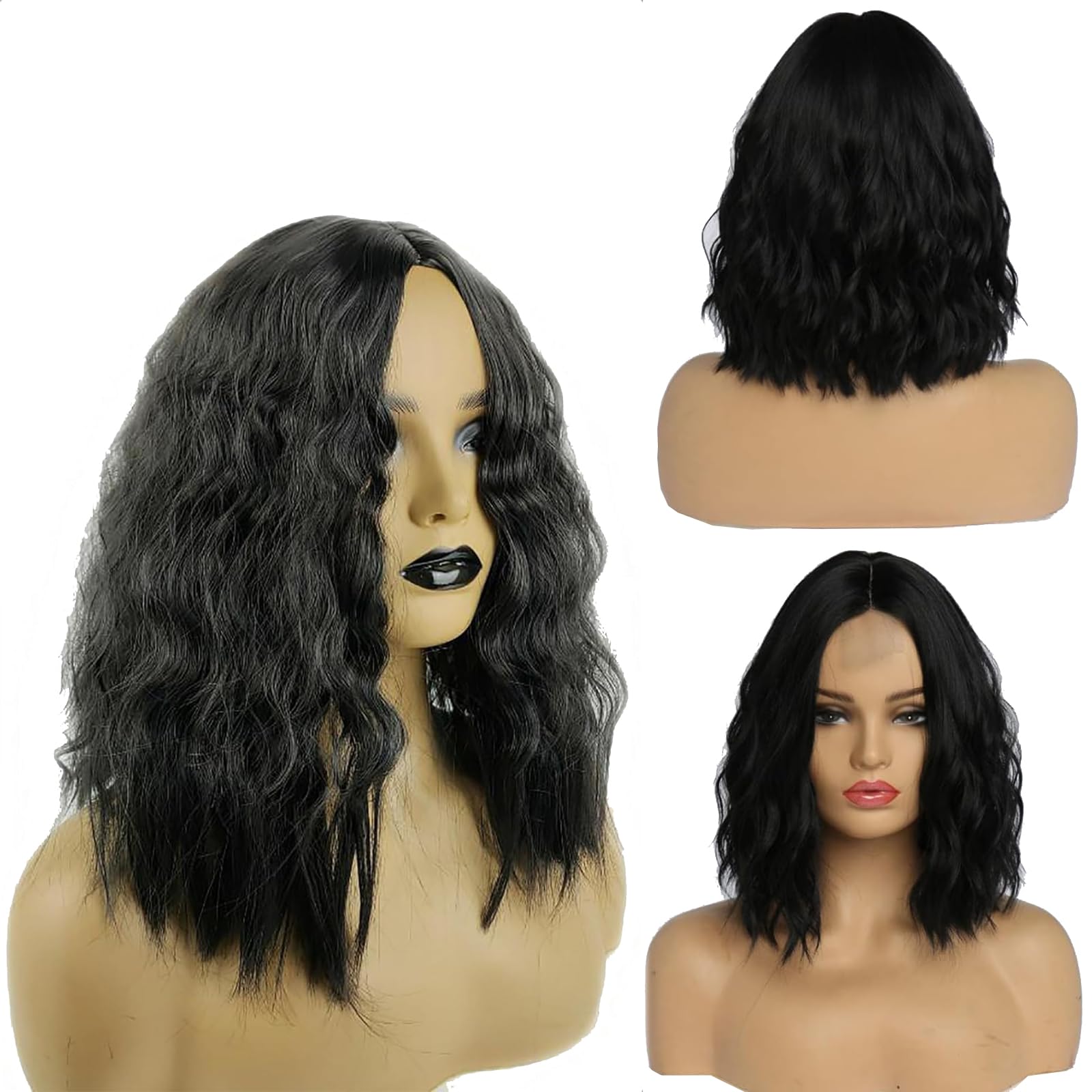 Woojfcang Short Black Wavy Wig for Women, 16 Inch Shoulder Length Middle Part Kinky Curly Bob