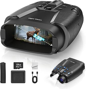 Gece Görüş Gözlüğü, 4K Gece Görüş Dürbünü, 10,13 cm HD Ekranlı, 10000mAh Şarj Edilebilir, Yaban Hayatı Gözlem ve Gözetim için 64 GB Kart Dahil