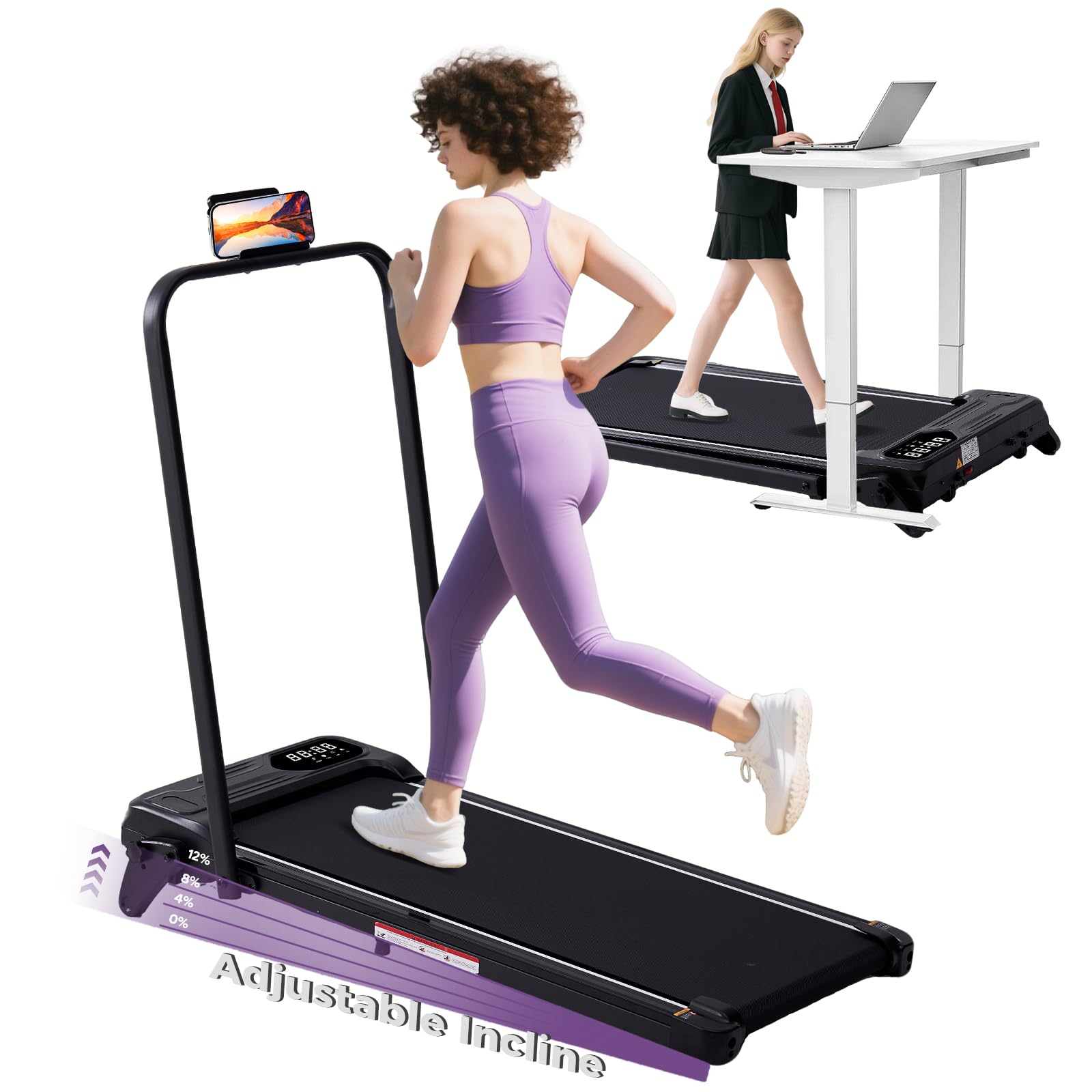 Portable Foldable Walking Pad with Handle Bar and Adjustable Incline, Under Desk Walking Pads Treadmill with Incline and Handles, 3.5HP Folding Electric Treadmills for Home Small, 0.6-7.6MPH, 350LBS