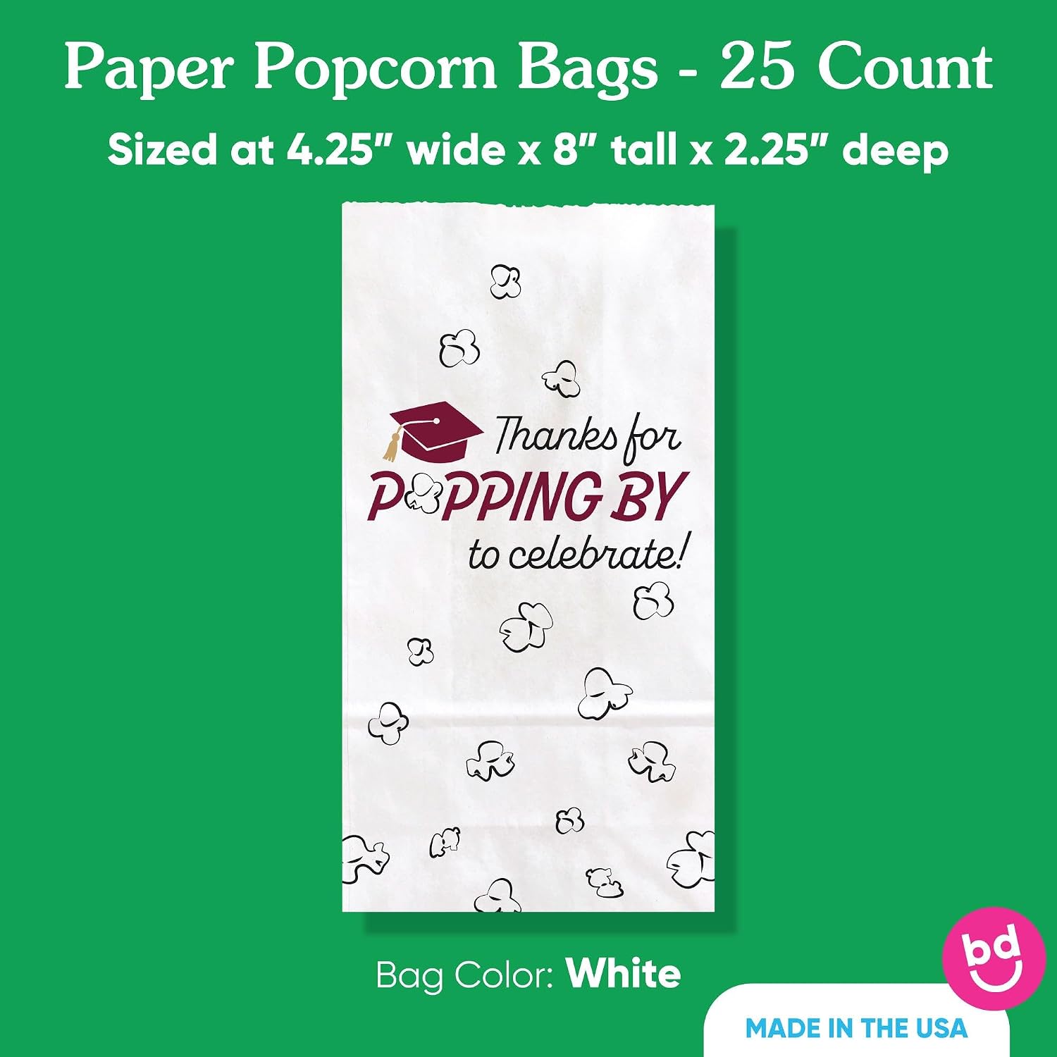 Big Dot of Happiness Maroon Grad Thanks for Popping by Popcorn Bags, Burgundy Graduation Party Favor Snack Treats, Free-Standing Individual White Paper Bags - 25 Count