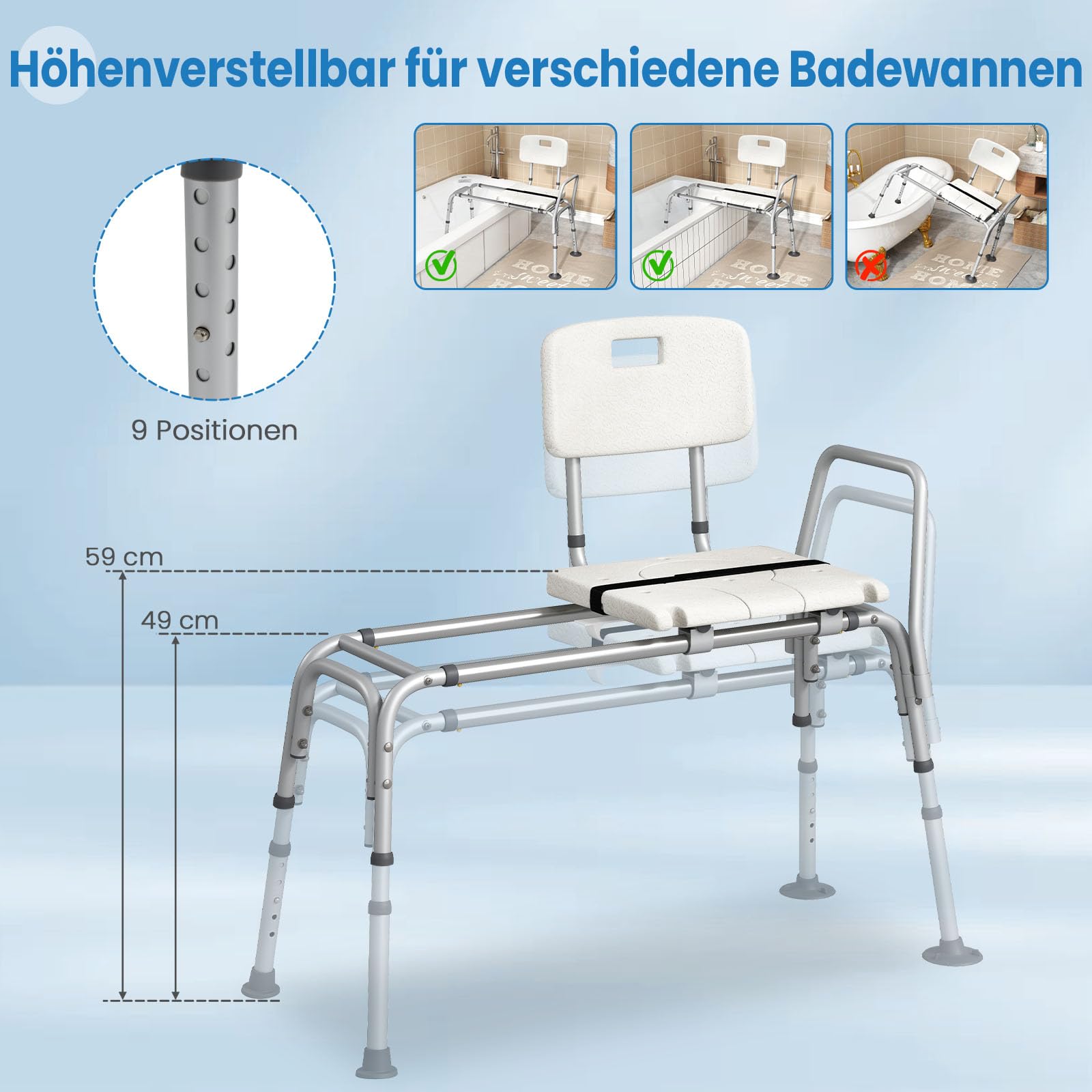 RELAX4LIFE Badewannensitz Höhenverstellbar & Verschiebbar, Breiter Sitz, Wannensitz mit Rückenlehne, Armlehne & Sicherheitsgurt, Duschstuhl für Senioren und Behinderte, Duschsitz bis 159 kg belastbar