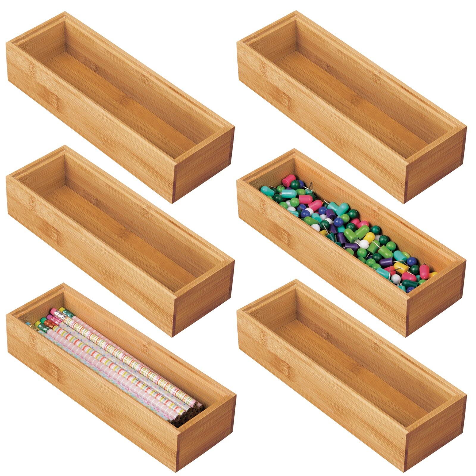 mDesign Set da 6 organizer ufficio larghi – Pratico contenitore ufficio in bambù per evidenziatori, promemoria e cancelleria – Organizer scrivania perfetti come divisori cassetti – naturale
