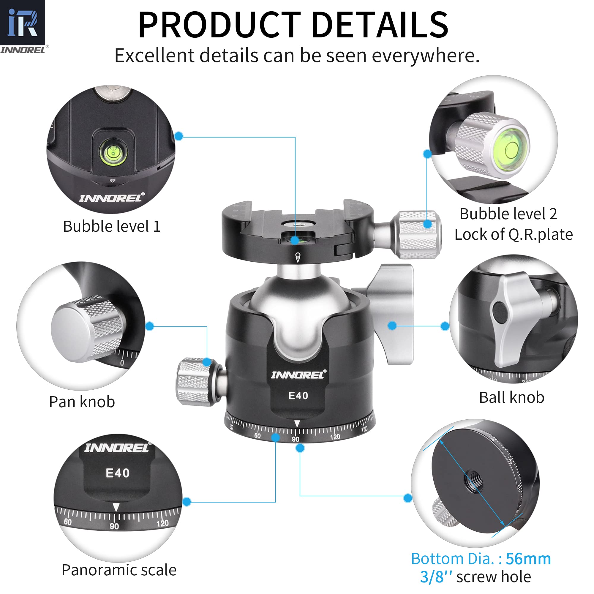 INNOREL E40 Testa a sfera per treppiede in metallo CNC panoramica a 360°con piastra a sgancio rapido universale Arca Swiss per treppiedi, monopiede, fotocamere DSLR, videocamera, carico massimo 20 kg