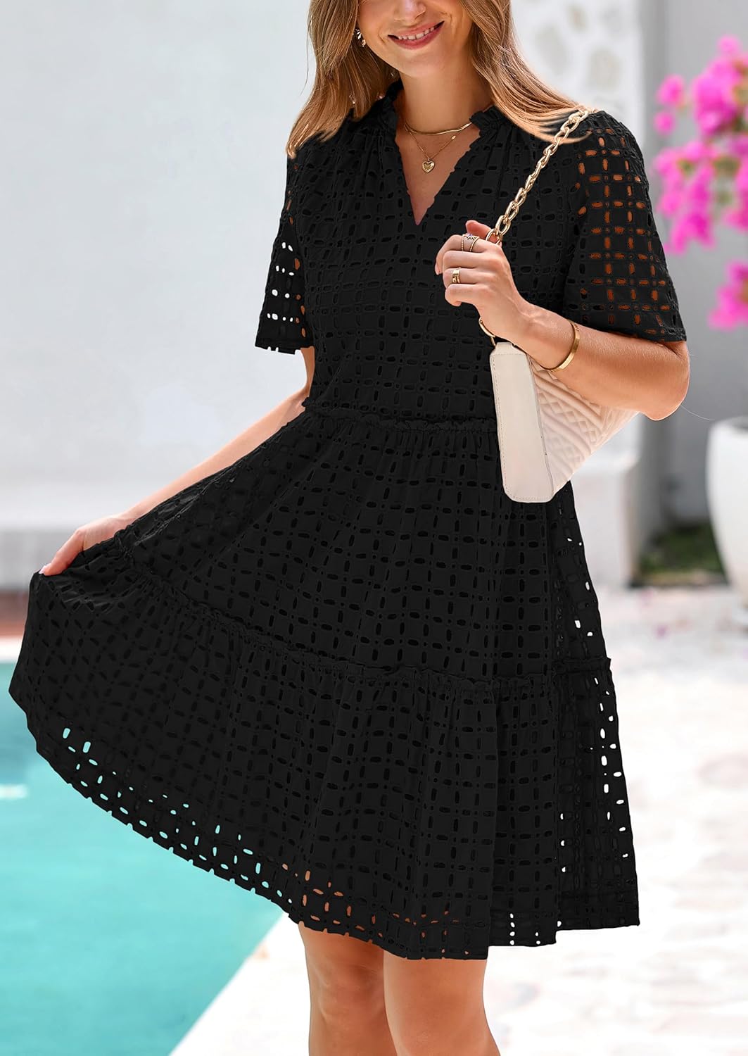 PRETTYGARDEN Eyelet Dresses for Women 2026 Summer Short Sleeve V Neck Hollow Out Ruffle A Line Boho Beach Vacation Mini Dress - Image 8