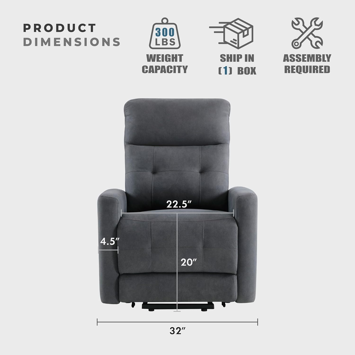 Lexicon Power Lift Recliner with Heat and Massage for Adults Elderly Ergonomic, Textured Microfiber Tufted Lounge Chair Classic Single Sofa Recliner with Side Pockets, Home Theater Seating, Dark Gray