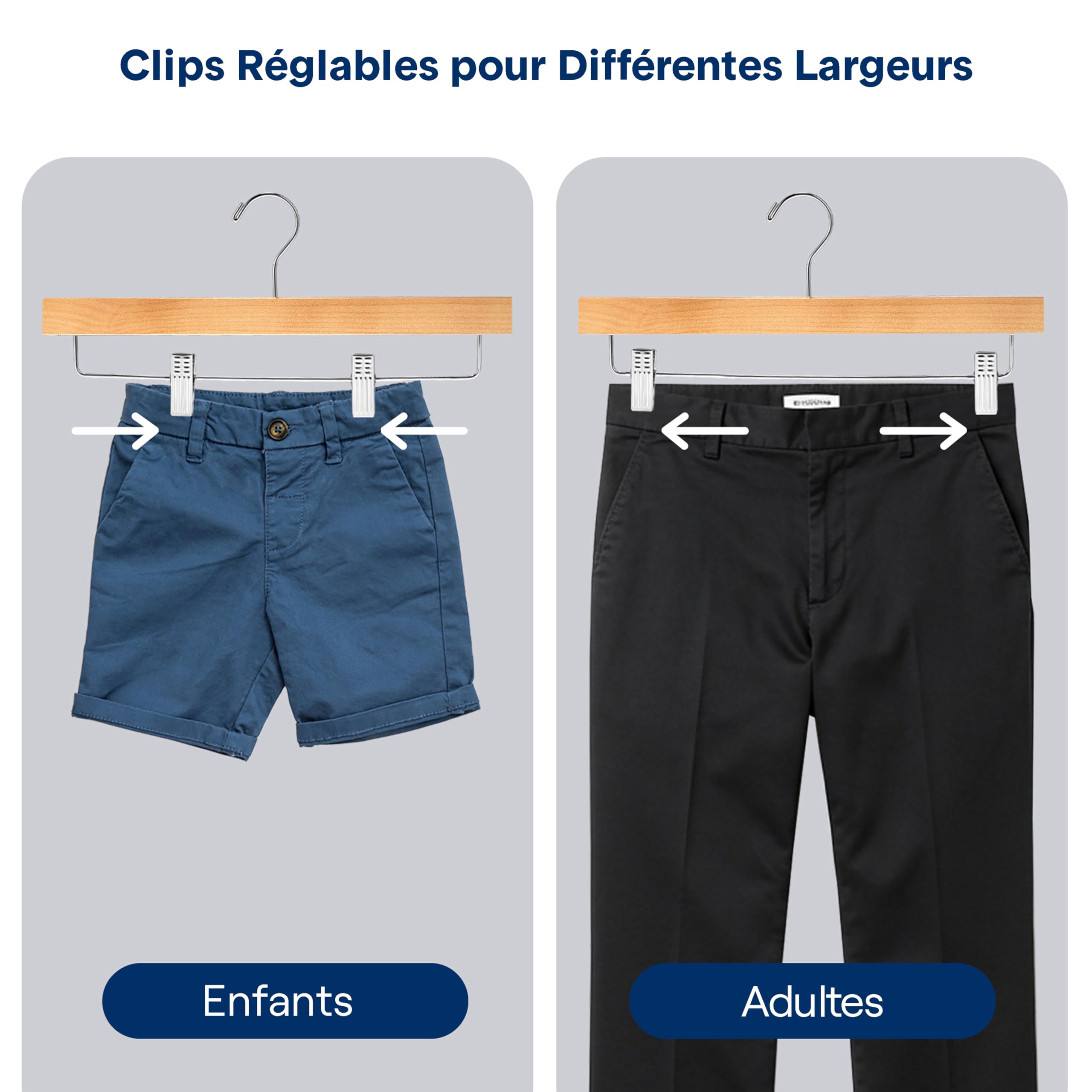 Serenelife Cintres en Bois avec Pinces - Cintres Pantalons, Jupes, Jeans, Uniformes - Crochets Pivotants 360°, Pinces Réglables, Finition Bois Naturel, Lot de 20
