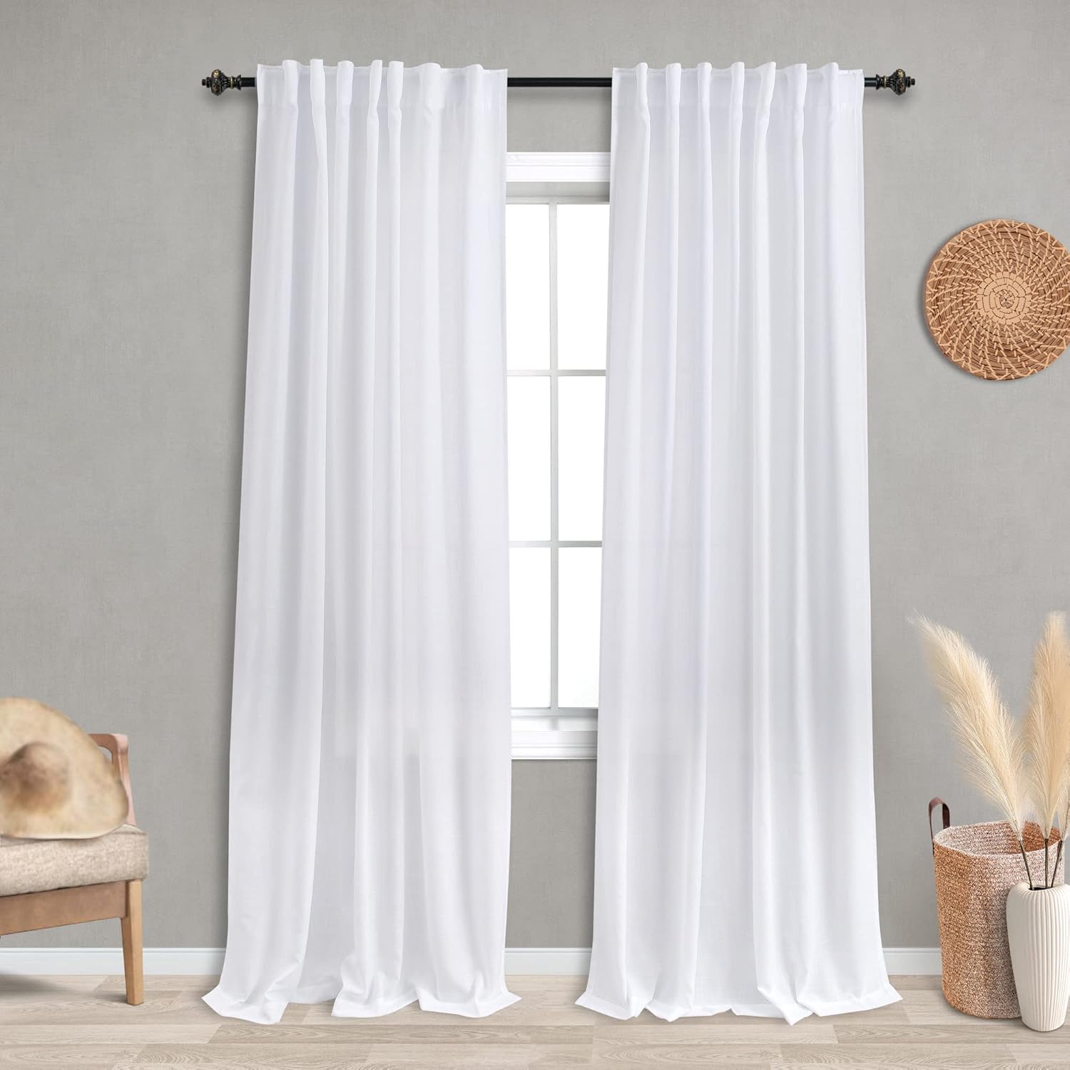 KOUFALL White Linen Sheer Curtains 96 Inches Long for