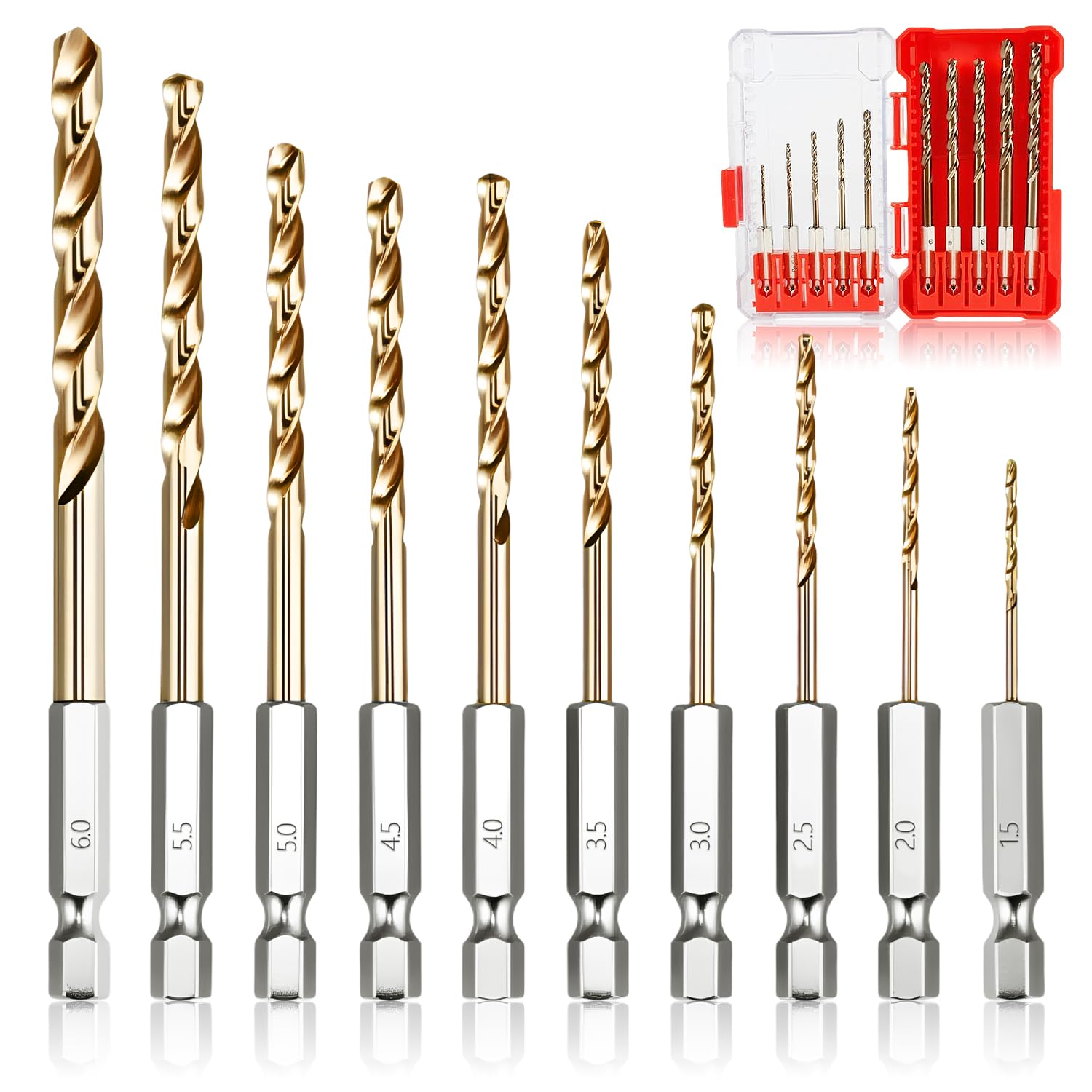 Set of 10 HSS-Co Metal Drill Bits Cobalt Steel Spiral Drill Bits | Professional Set with Storage Case and Hexagonal Handle for Angle Grinders and Electric Drills