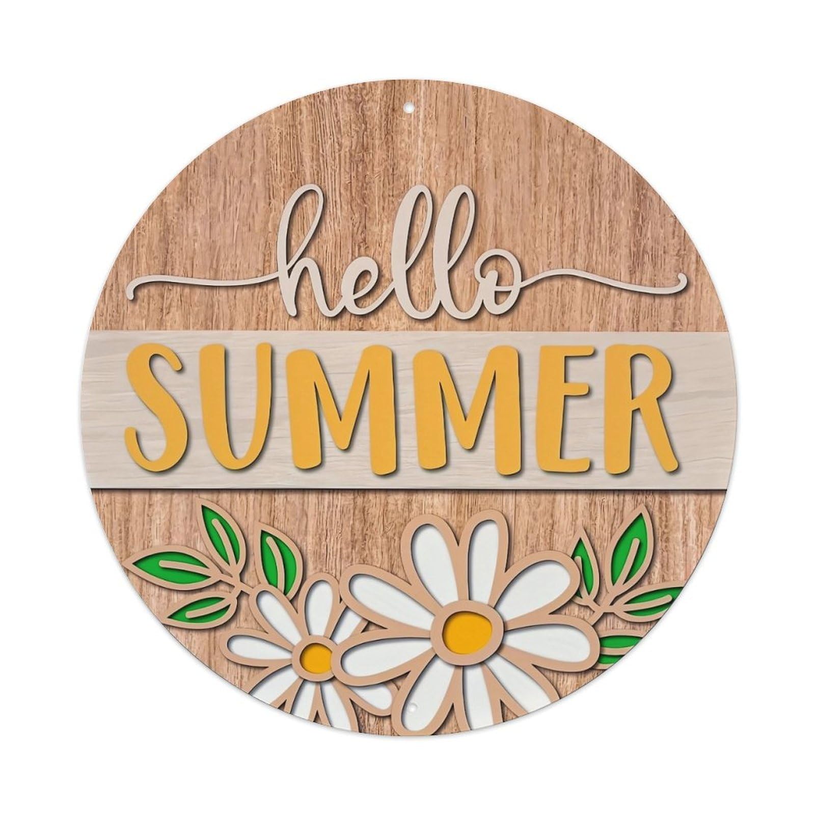 Hello Summer Daisy Wood Pattern Round Tin Sign Vintage Metal Sign Home Bar Garden Indoor & Outdoor Wall Decor Retro Metal Poster 8x8 Inch