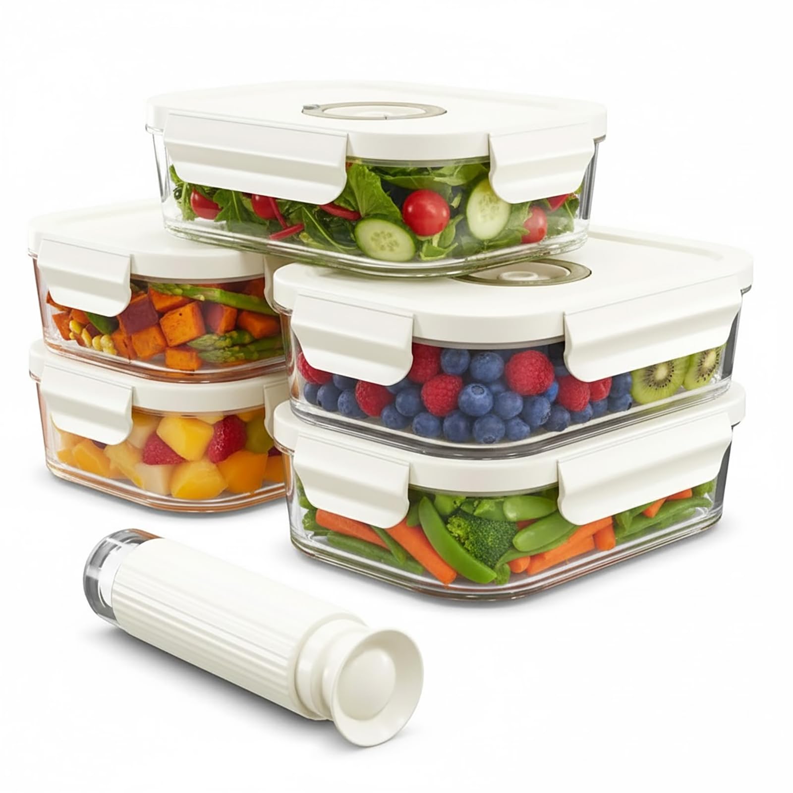 SPARES2GO Contenitori in vetro per alimenti sottovuoto con coperchi a clip di sicurezza (confezione da 5, medi, 1040 ml) + pompa sigillante manuale