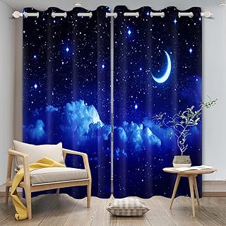 Umpoo Starry Sky Blackout Window Curtains Night Bright Moon Twinkle Stars Dark Blue Window Drapes 2 Panel Set for Kids Room Nursery Playroom Bedroom Window Treatments Fabric, 42x84 Inch