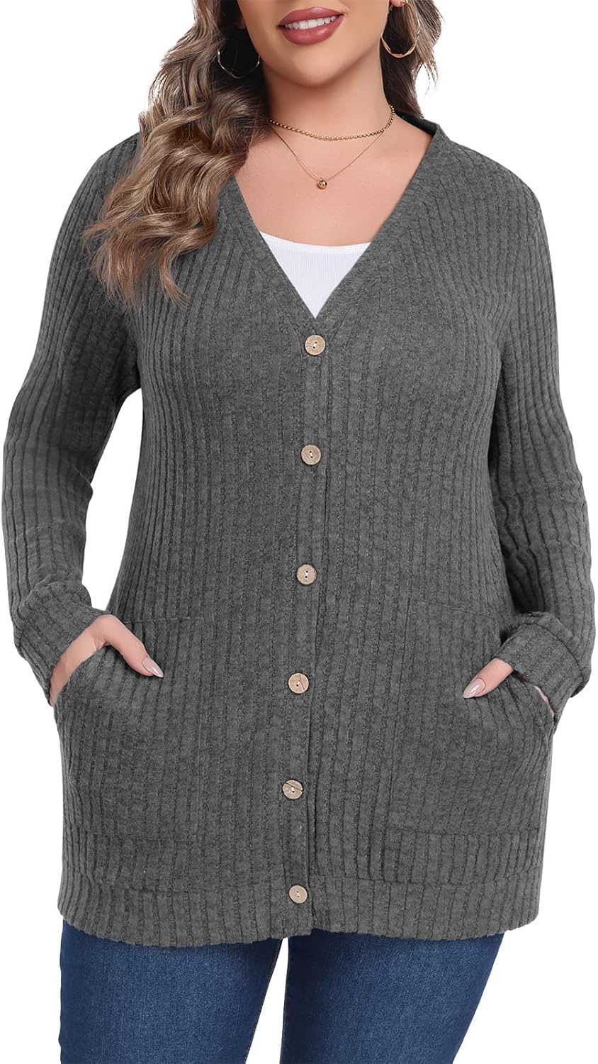 Lastshe Women's Plus Size Cardigan Sweaters Button Down Long Sleeve Fall Cardigans Knit Outwear with Pockets - Image 3