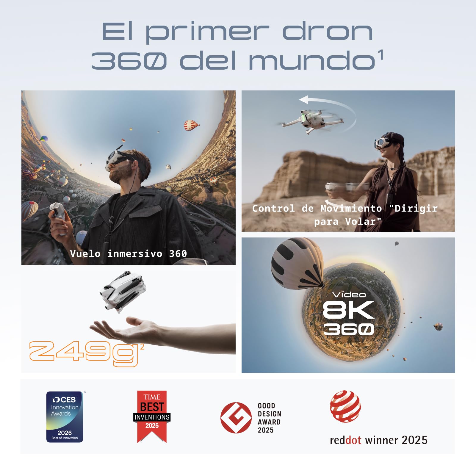 Antigravity A1 Paquete explorador (3 baterías) – Dron 360 8K para vuelo inmersivo, "apunta y vuela", evita obstáculos, 249g, Deep Track, retorno automático, alcance de 10 km y edición automática