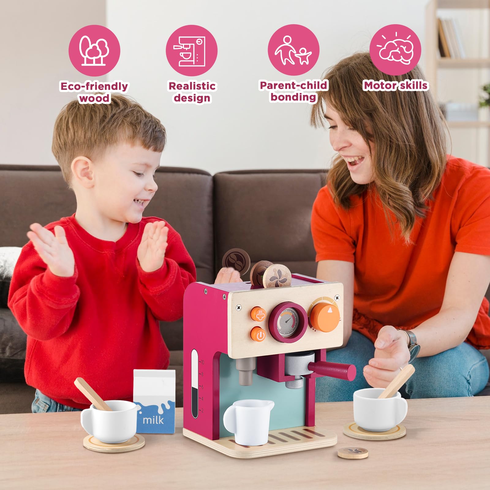 GAGAKU Macchina da caffè in legno per bambini dai 3 anni in poi con lattiera e accessori, giocattolo educativo, gioco di ruolo, regalo di compleanno per ragazzi e ragazze