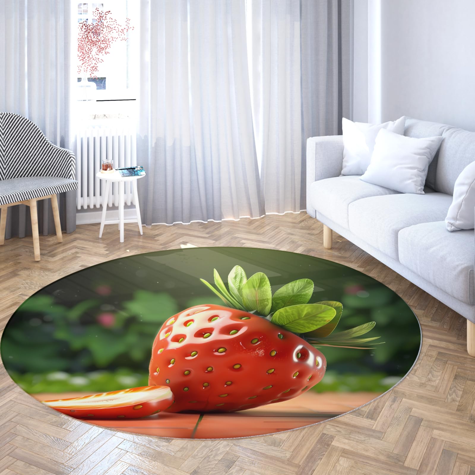 Tapis rond fraise rouge 60cm, revêtement d'intérieur au design vintage raffiné