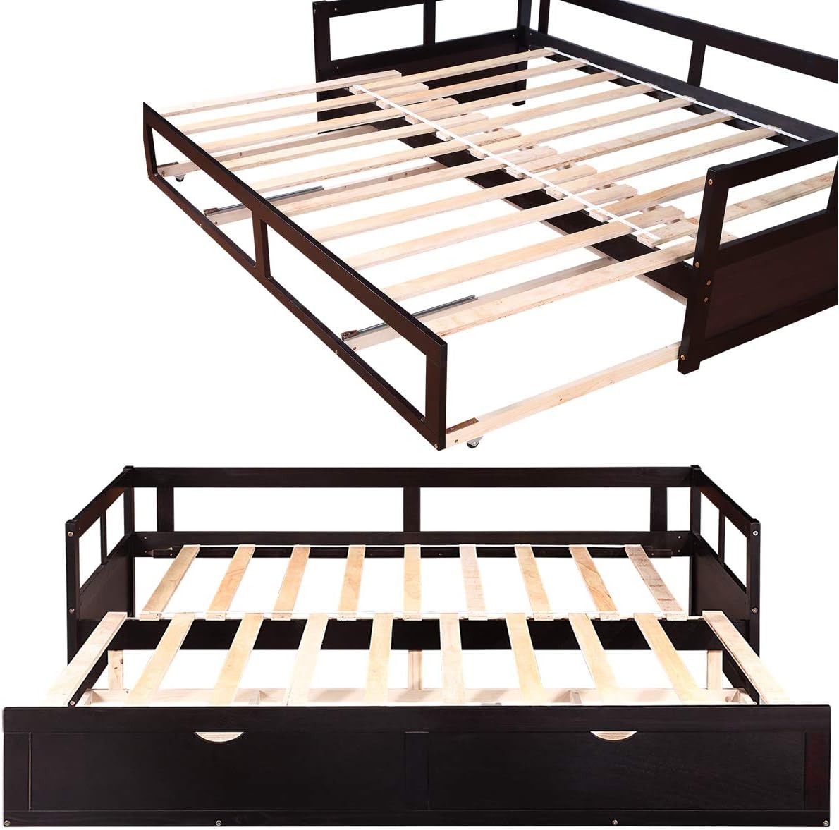 Harper & Bright Designs Twin Daybed with Trundle Bed, Extendable Daybed with Storage Drawers, Twin to King Wooden Sofa Bed (Espresso)