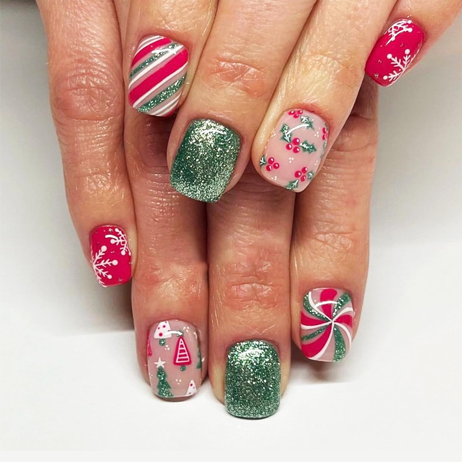 Glossy Green Glitter Press On Nails - 24 Pcs