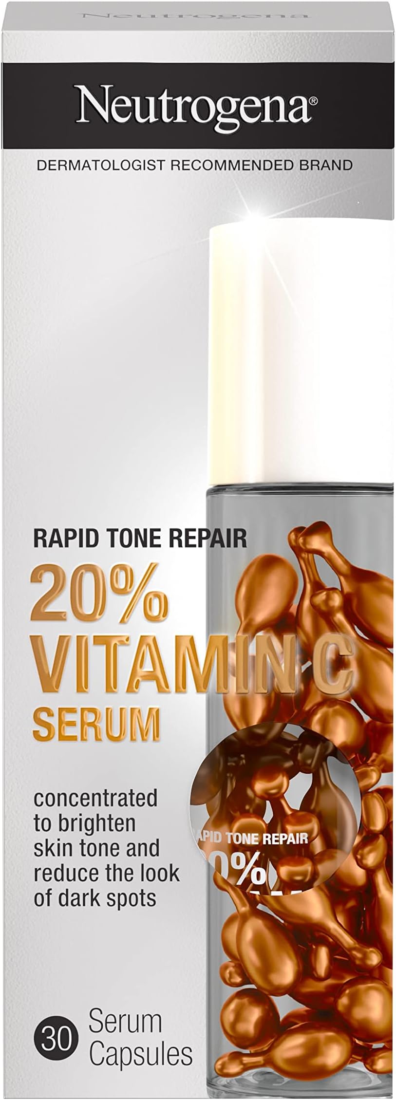 Neutrogena Rapid Tone Repair 20% Vitamin C Brightening Serum Capsules, Antioxidant Face Serum to Brighten Look of Dark Spots & Even Skin Tone, Oil-Free, 30 Serum Capsules