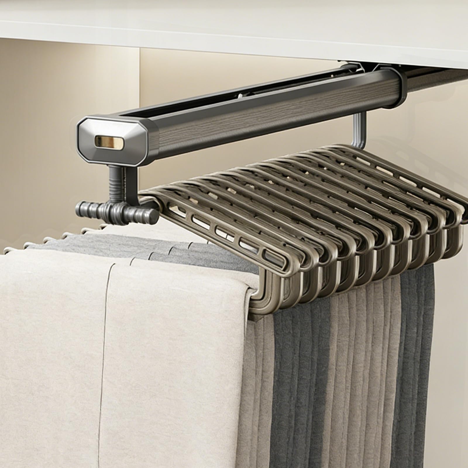 Wysokiej jakości metalowy drążek do szafy Teles 52 cm wysuwany drążek z cichą prowadnicą przesuwną zaokrąglonymi uchwytami i gumowymi paskami ochronnymi do przechowywania