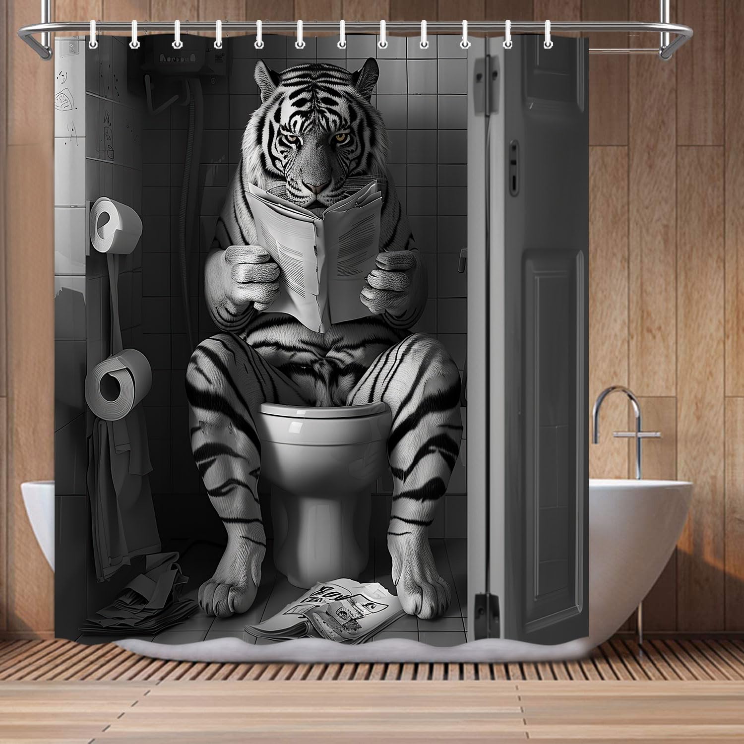 Lustiger Duschvorhang Mit Tiger-Motiv – 178x178 Cm, Wasserdicht, Polyester, Inkl. 12 Haken