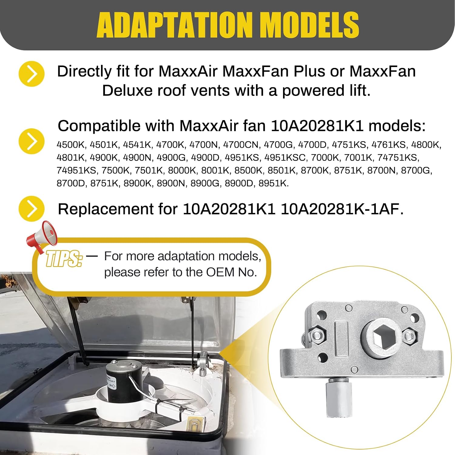 10A20281K1 RV Roof Fan Vent Cover Lid Lift Gear Operator Mechanism, Compatible with MaxxAir MaxxFan Plus or Deluxe Fan, RV Roof Vent Lift Parts for Camper Travel Trailer, Replace# 10A20281K-1AF, Gray