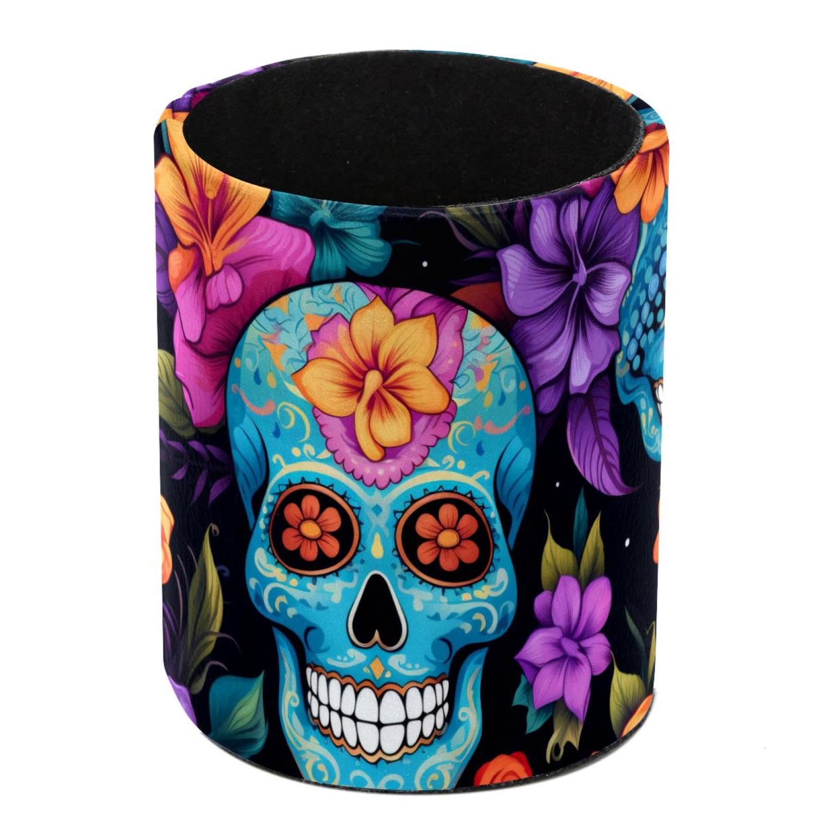 FWJZDSP Pencil Holder for Desk, Skull Floral Pen Cup Makeup Brush Holder, Leather Desktop Organizer Storage Case Stationery for School Home Office Supplies