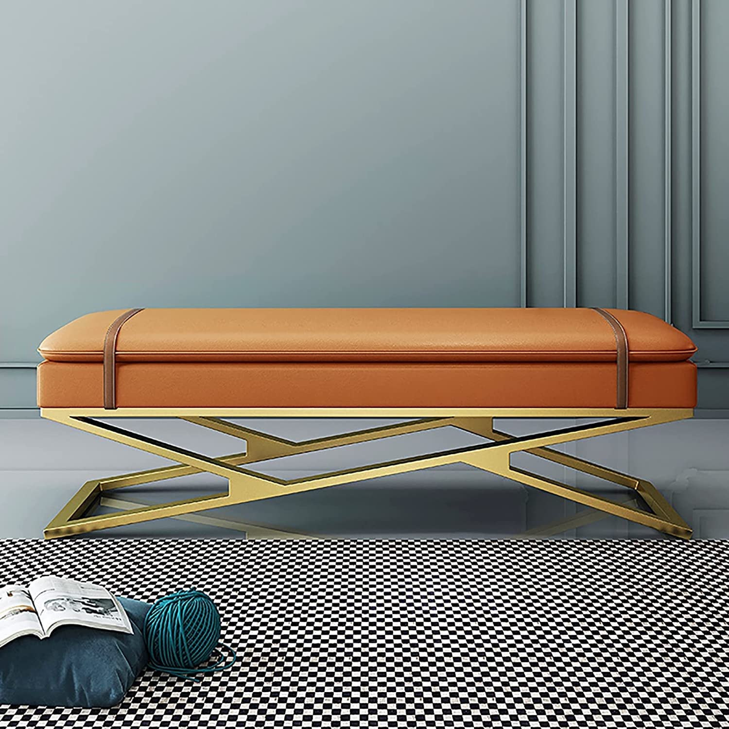 Banc d'entrée orange à 2 couches en cuir de 70 cm de long