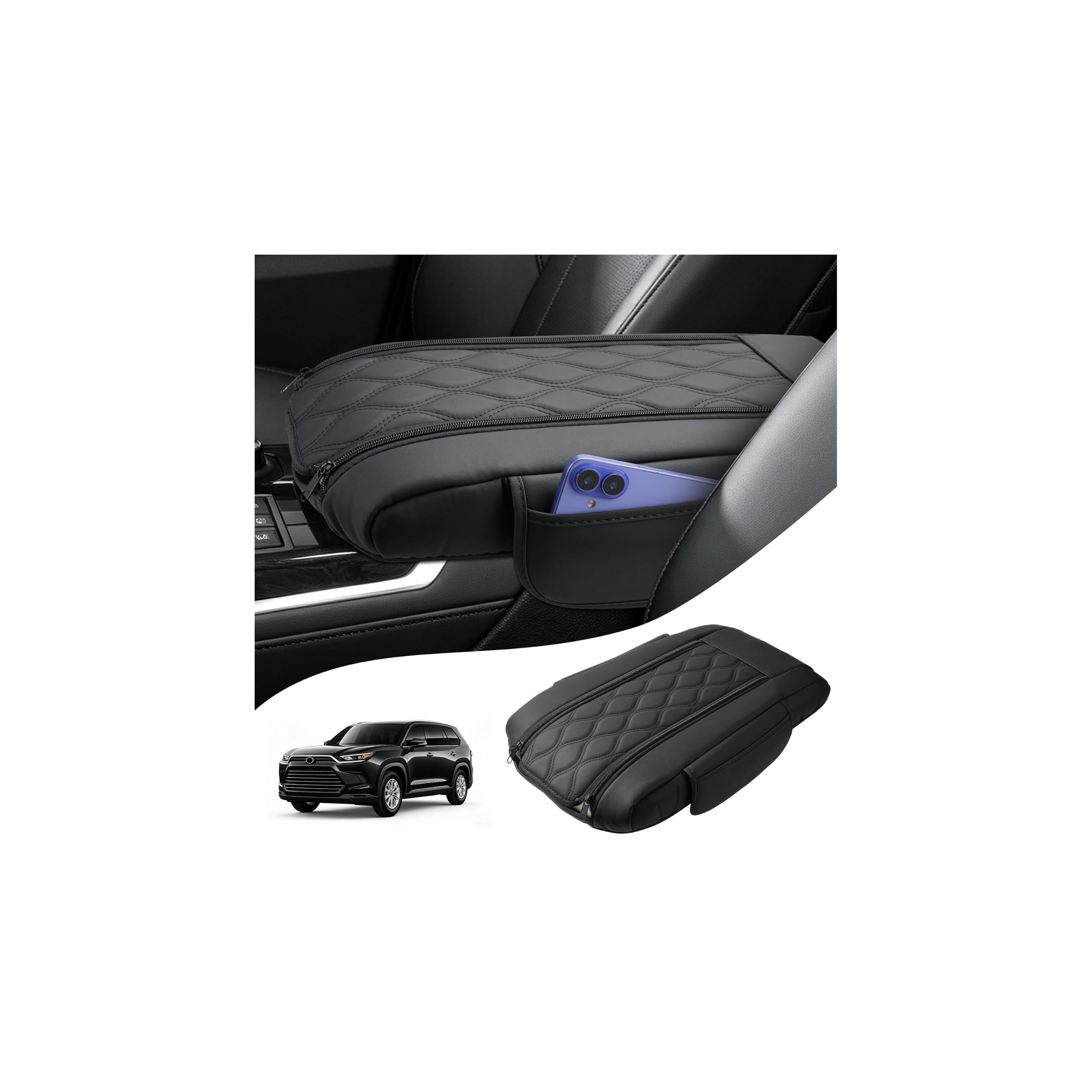 Autorder Center Console Cover for Toyota Highlander 2020-2026 Accessories Armrest Cushion Cover Leather Middle Console Pad with Pockets Storage Bag Anti-Scratch Armrest Pad for Pet