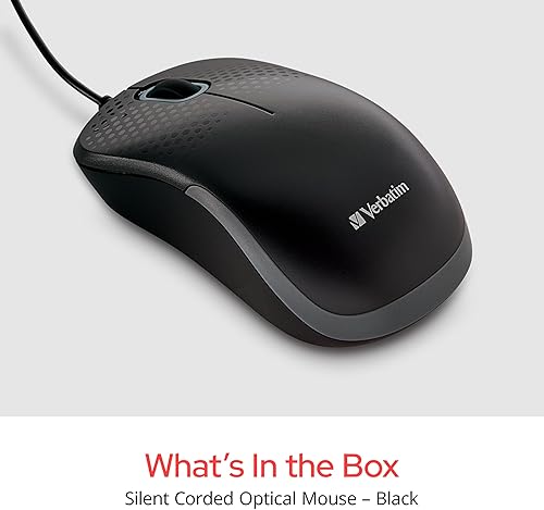 Miniatura 9 de Verbatim Ratón óptico silencioso con cable USB, mouse de clic silencioso y silencioso con cable para computadora para Mac y PC, color negro