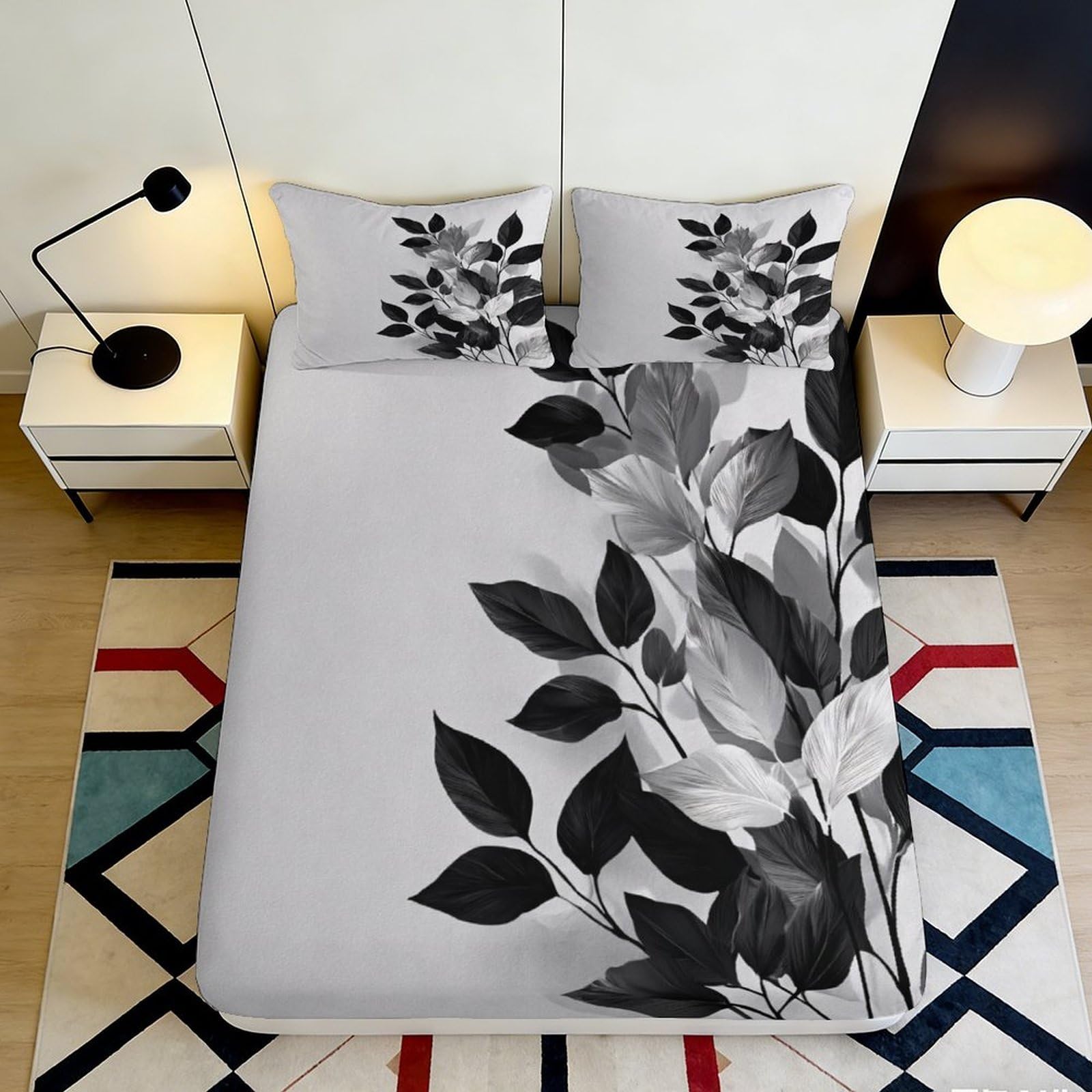 3D Printed Monochrome Leaf Fitted Sheet Microfiber Soft Bed Cover Botanical Pattern Mattress Cover Bedroom Decor 90x200x25cm
