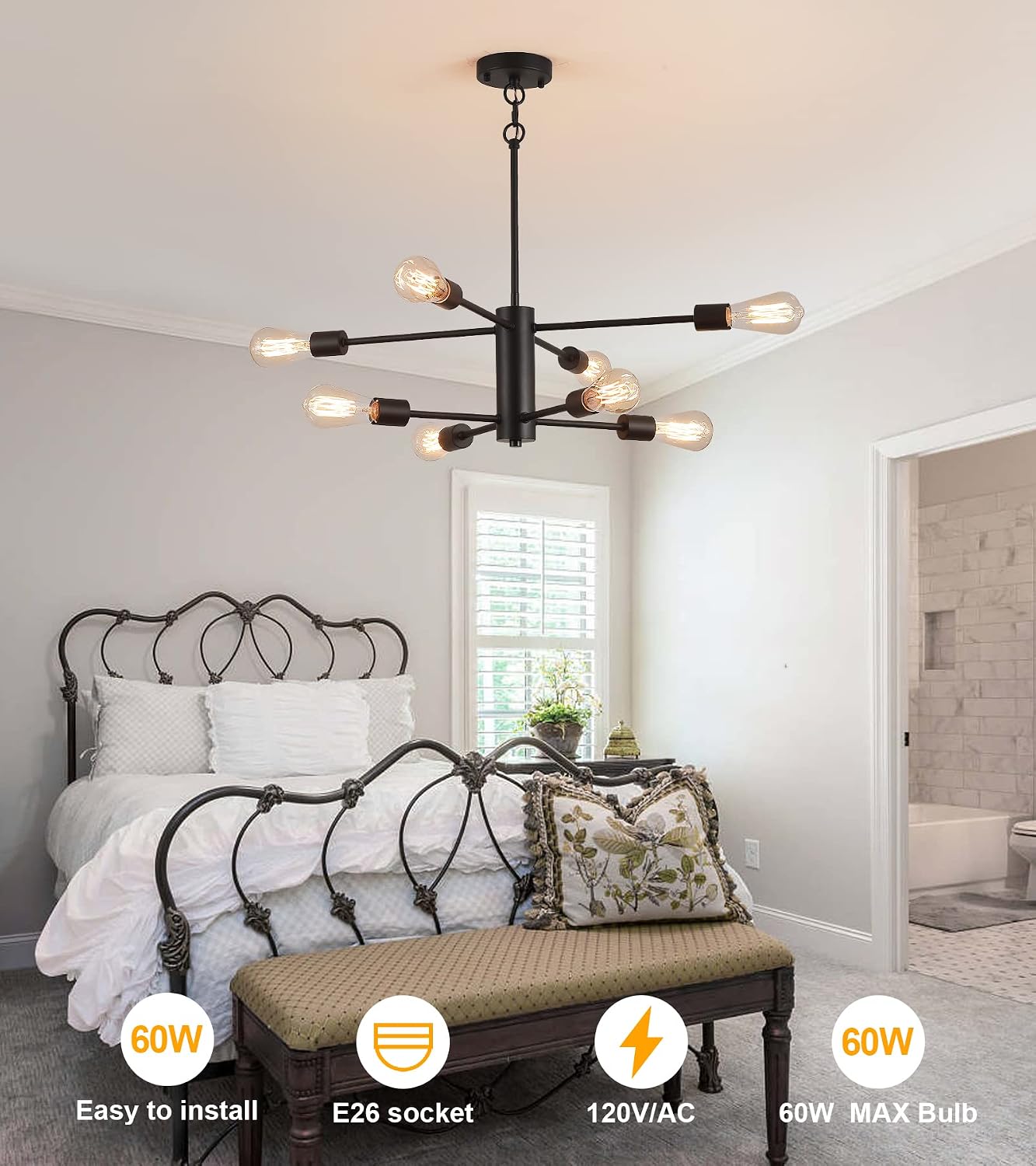 AMZASA Black Modern Sputnik Chandeliers, 8 Light Farmhouse Mid Century Pendant Light for Dining Room Living Room Kitchen Island Entryway Foyer UL Listed