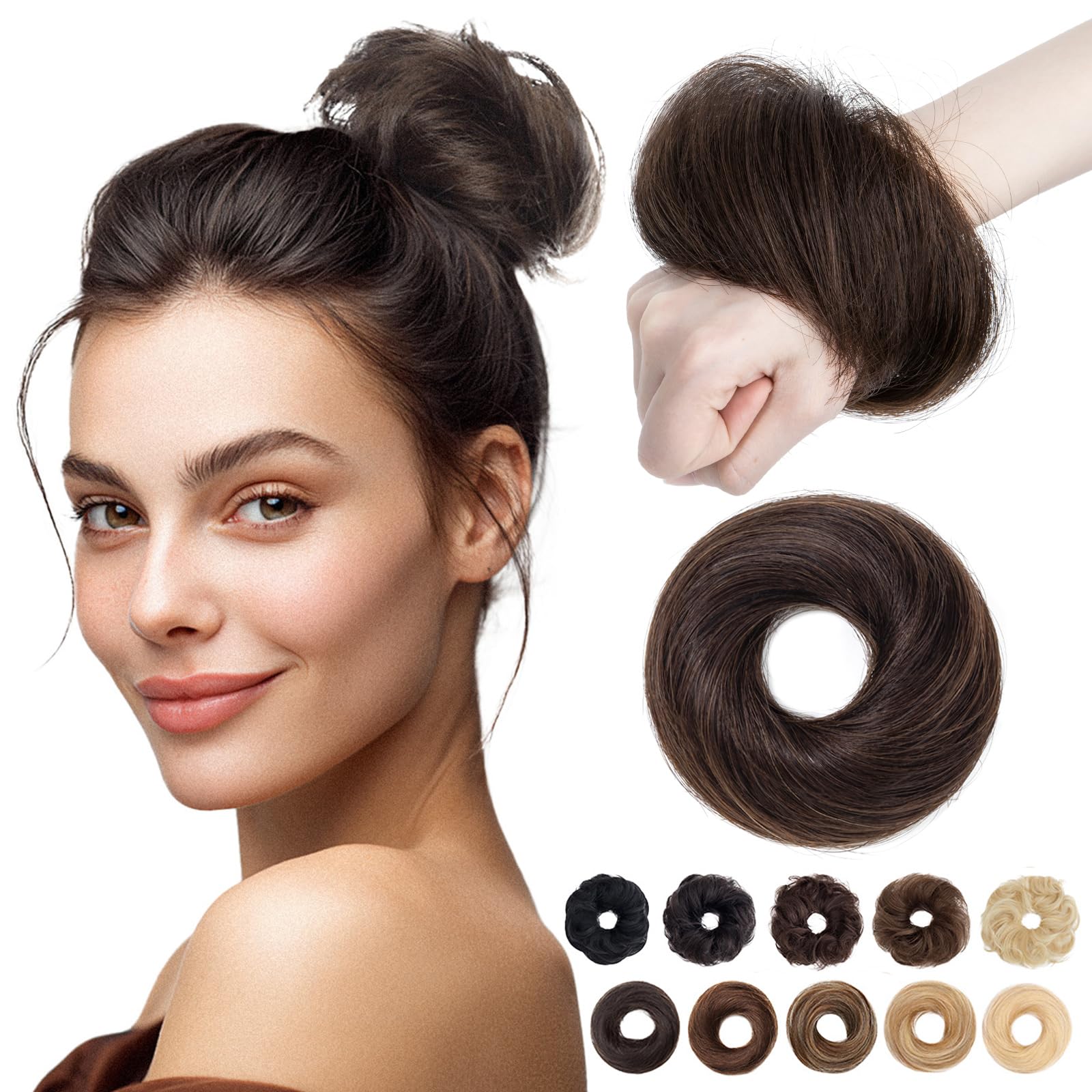 Photo 1 of MY-LADY Messy Bun Hair Pieces Human Hair for Women Real Hairpiece Straight Scrunchies Tousled Updo Donut Chignon Ponytail Extension Dark Brown