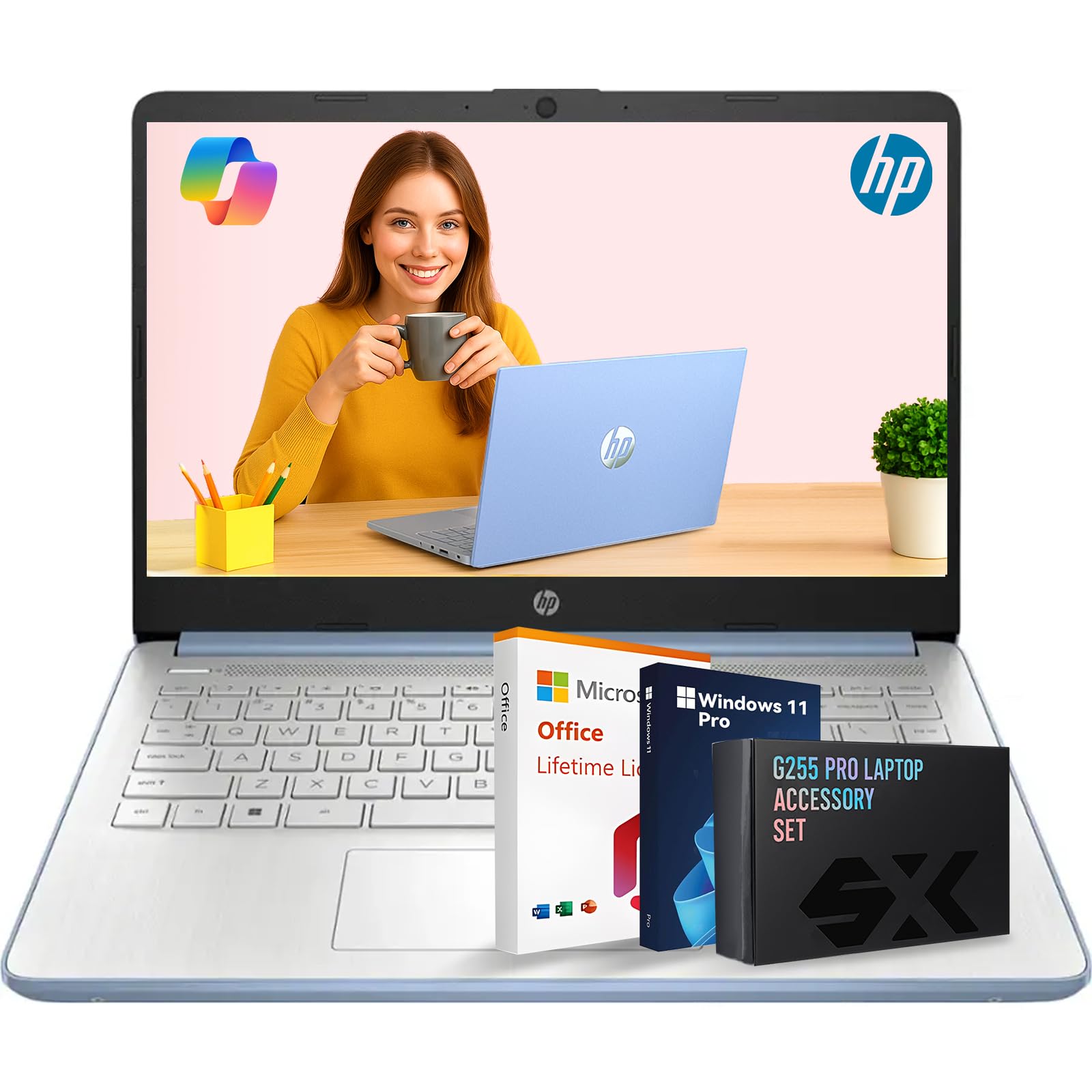 HP 14 Inch Student and Business Laptop, Intel N150(Beats N4120) with 16GB RAM+128GB UPS+256 GB MSD+32 GB Flash Drive, Ultra Thin and Light Laptop, Windows 11 Pro& Office Pro with Accessories Kit, Blue